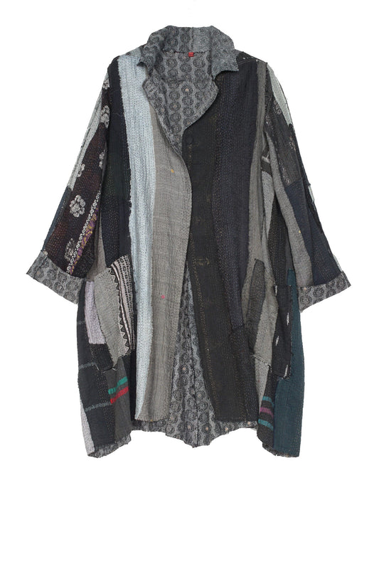 STRIPE FRAYED & HANDWOVEN KANTHA A-LINE DUSTER - ft2311-blk -
