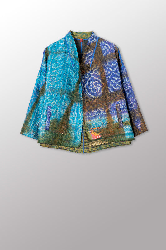 VINTAGE PRINTED SILK CLAMP DYE WITH JACQUARD KANTHA STAND COLLAR CROPPED JACKET - sk4034-0001a -