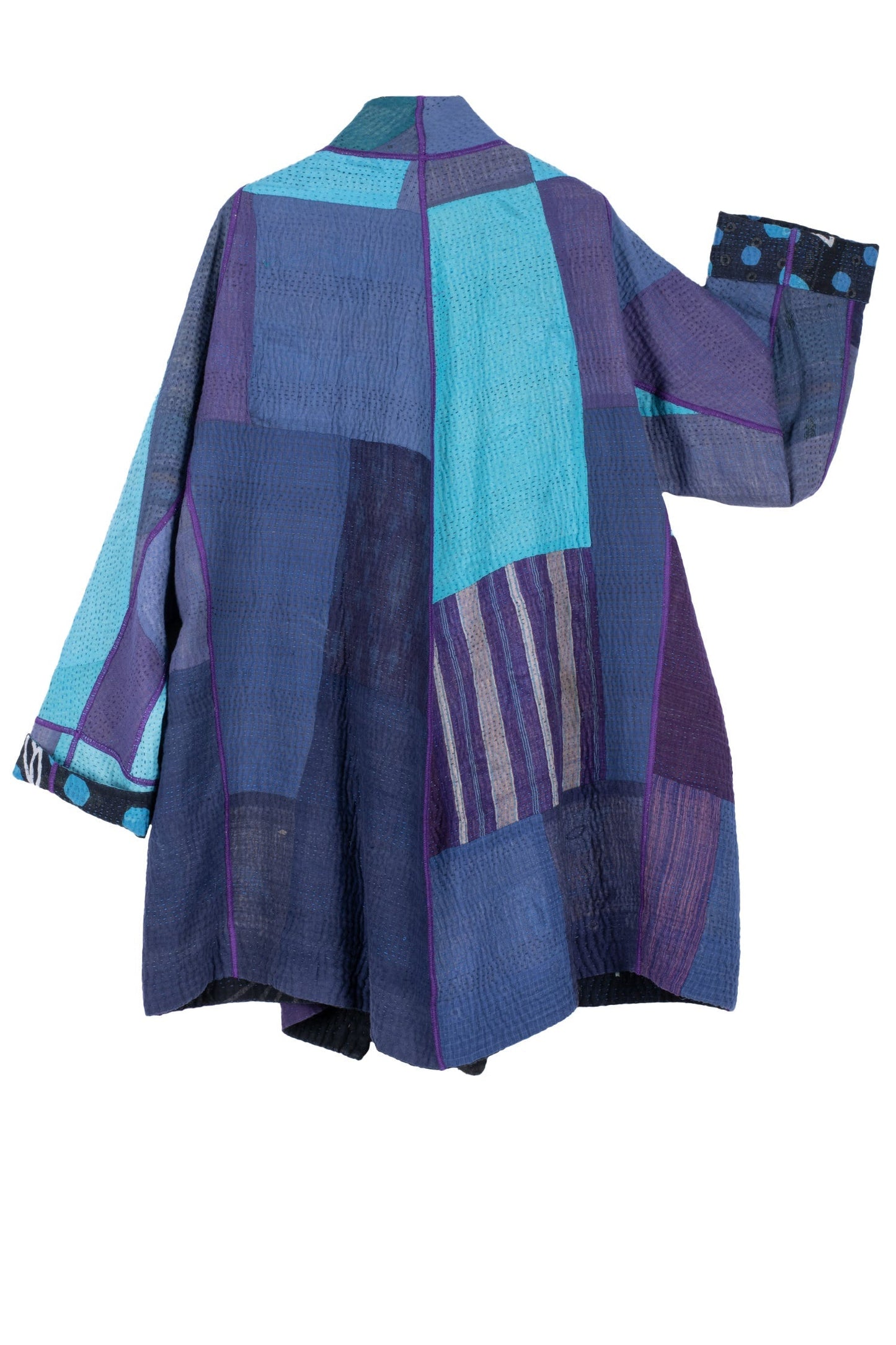 POLKA DOTS & LEAVES KANTHA FUNNEL COLLAR COAT - dl4312-blu -