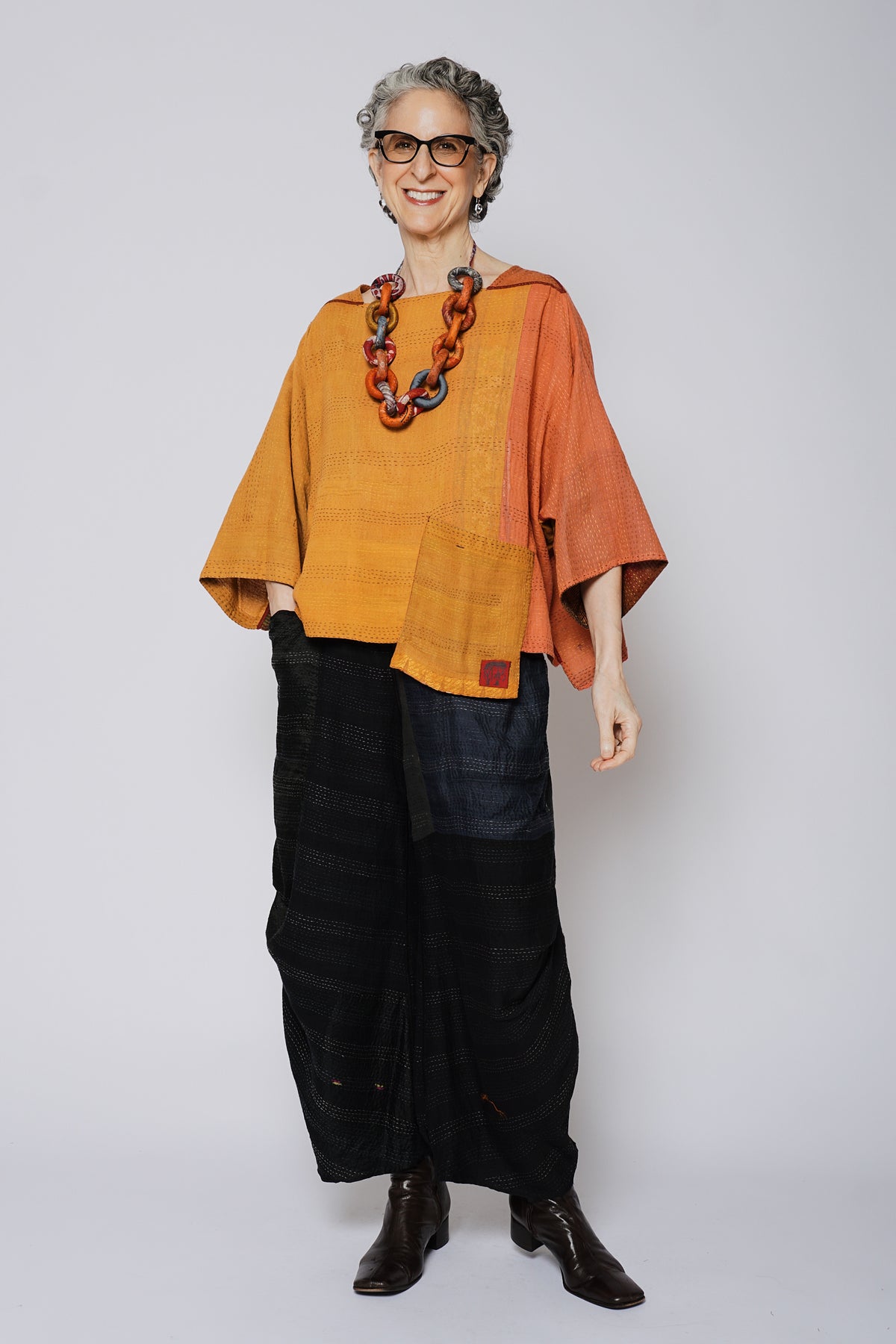 BROCADE PATCHED KANTHA 3/4 SLV. CROP TOP MIO - bp2538-org -