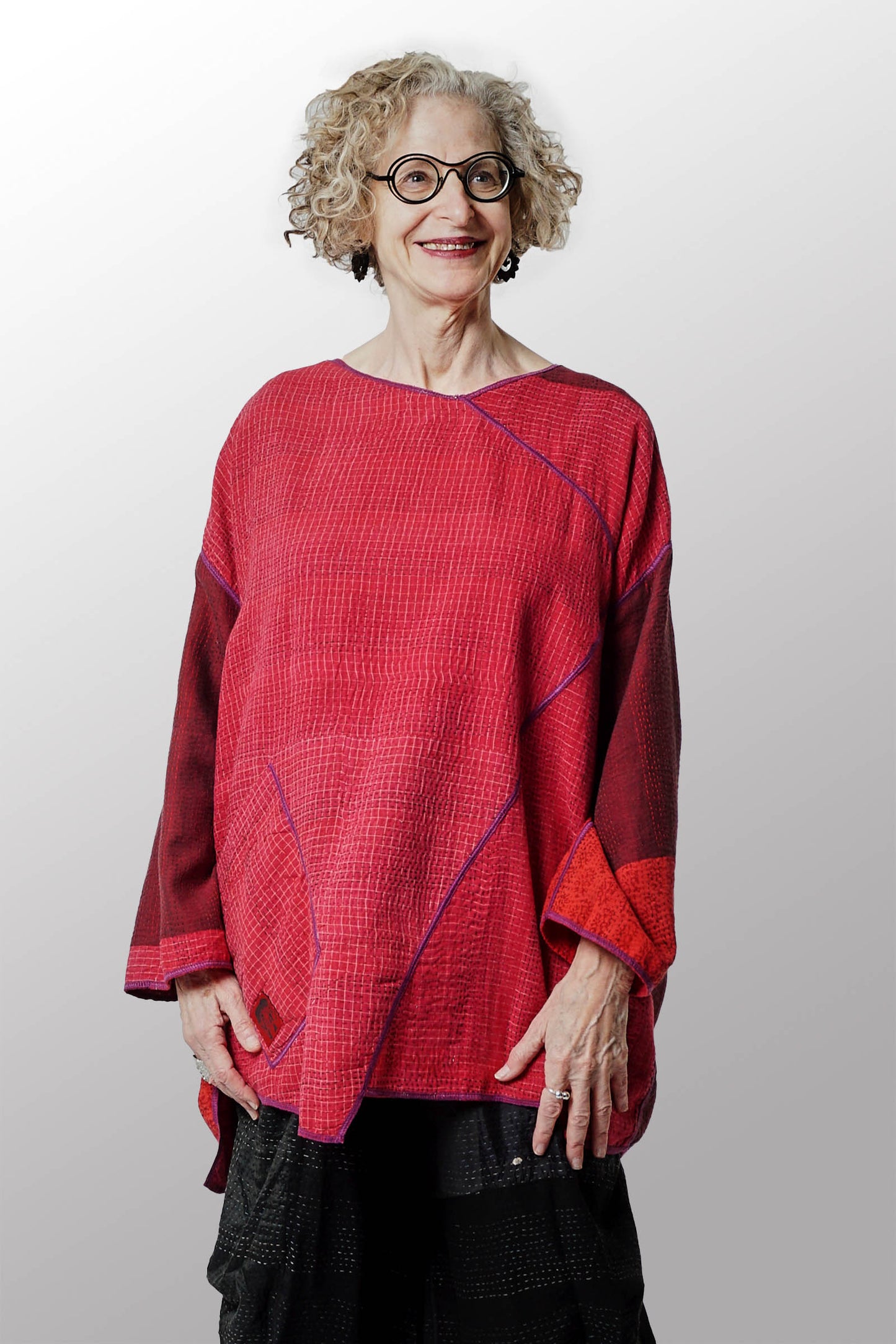 FRAYED PATCH WITH BROCADE KANTHA OVERSIZED TUNIC - fb2510-red -