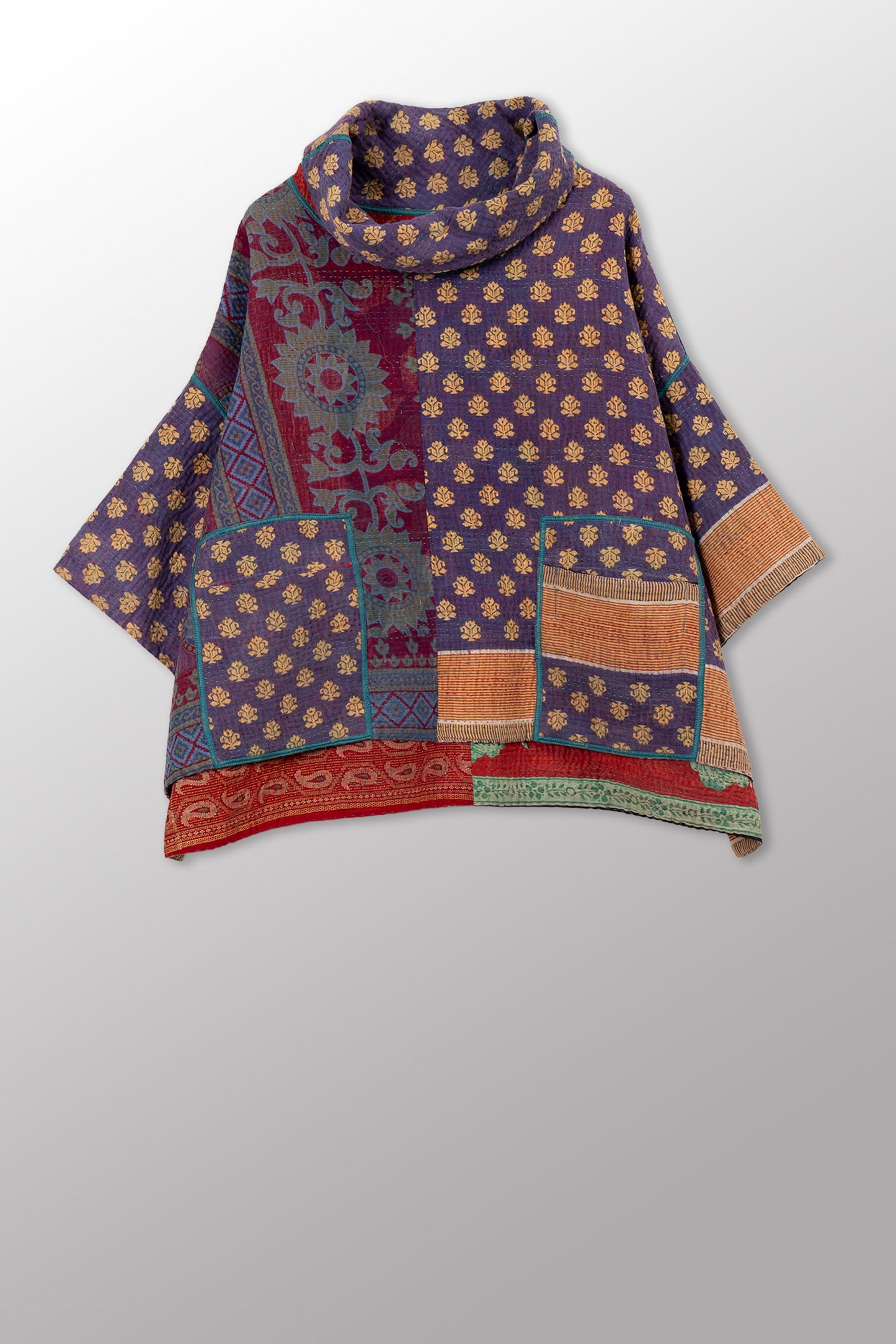 VINTAGE COTTON KANTHA COWL NECK PONCHO - cv4061-0038a -