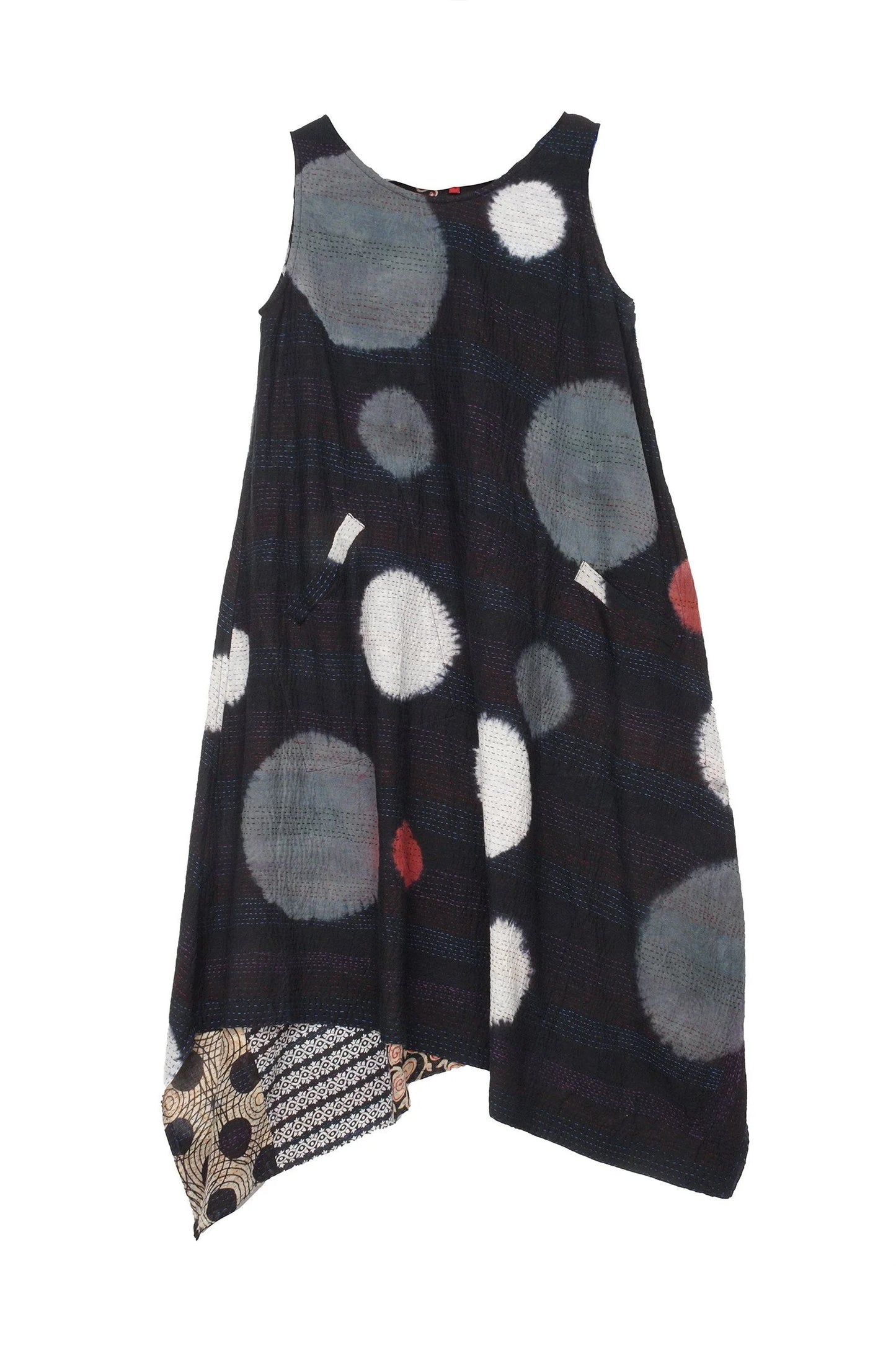 PATCH & CIRCLE PRINT KANTHA POINTY HEM DRESS - pc2415-blk -