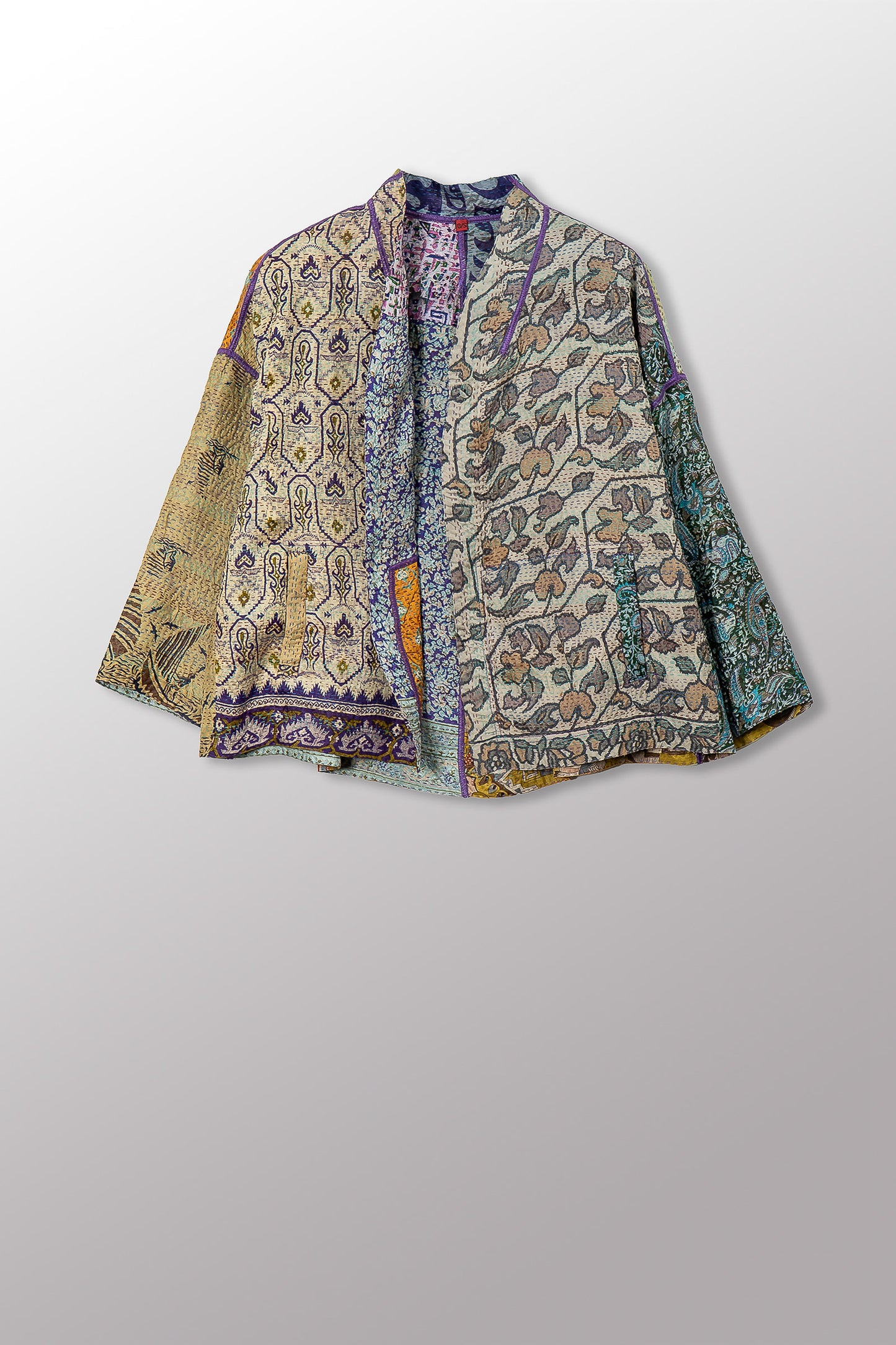 VINTAGE SILK KANTHA STAND COLLAR CROPPED JKT - sv2034-0018a -