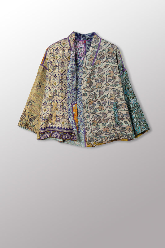 VINTAGE SILK KANTHA STAND COLLAR CROPPED JKT - sv2034-0018a -