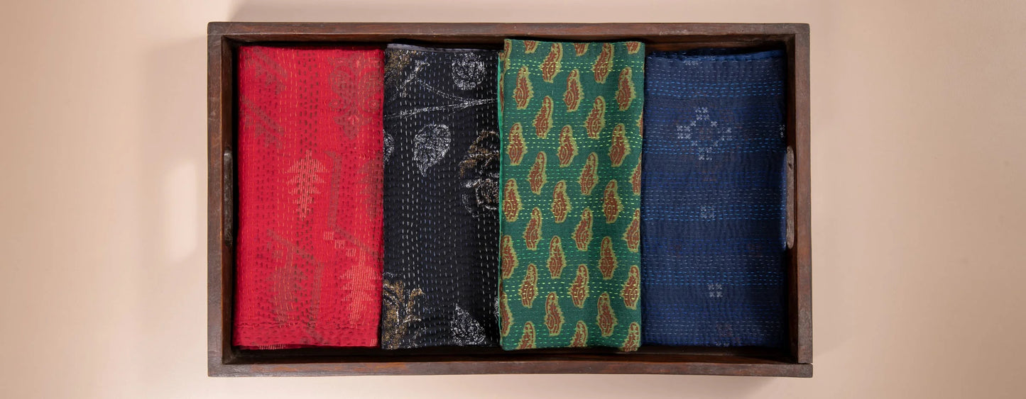 Landscape  fray patch vintage Kantha Napkin - Green (Set of 2)