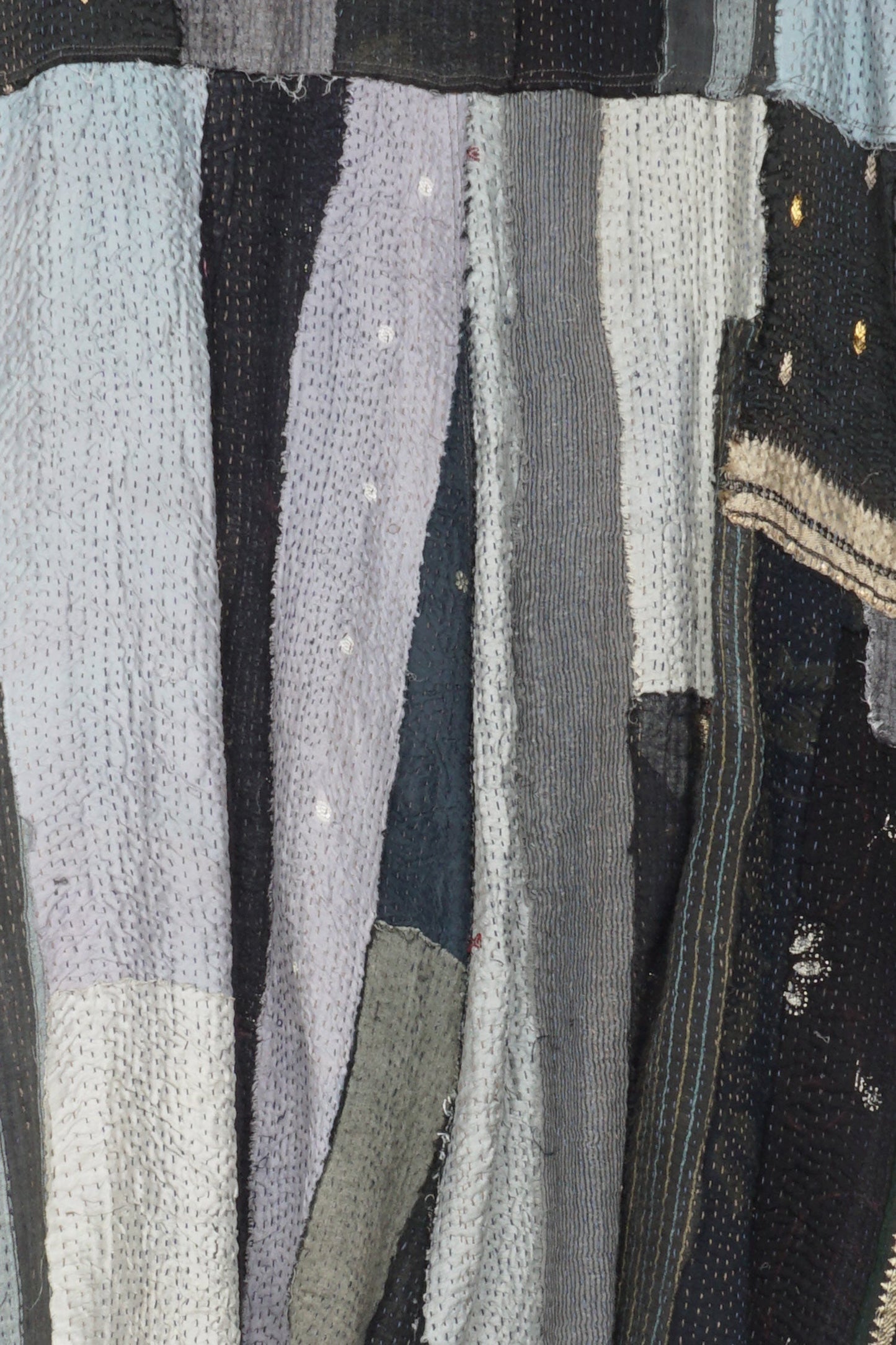 STRIPE FRAYED & HANDWOVEN KANTHA A-LINE DUSTER - ft2311-blk -