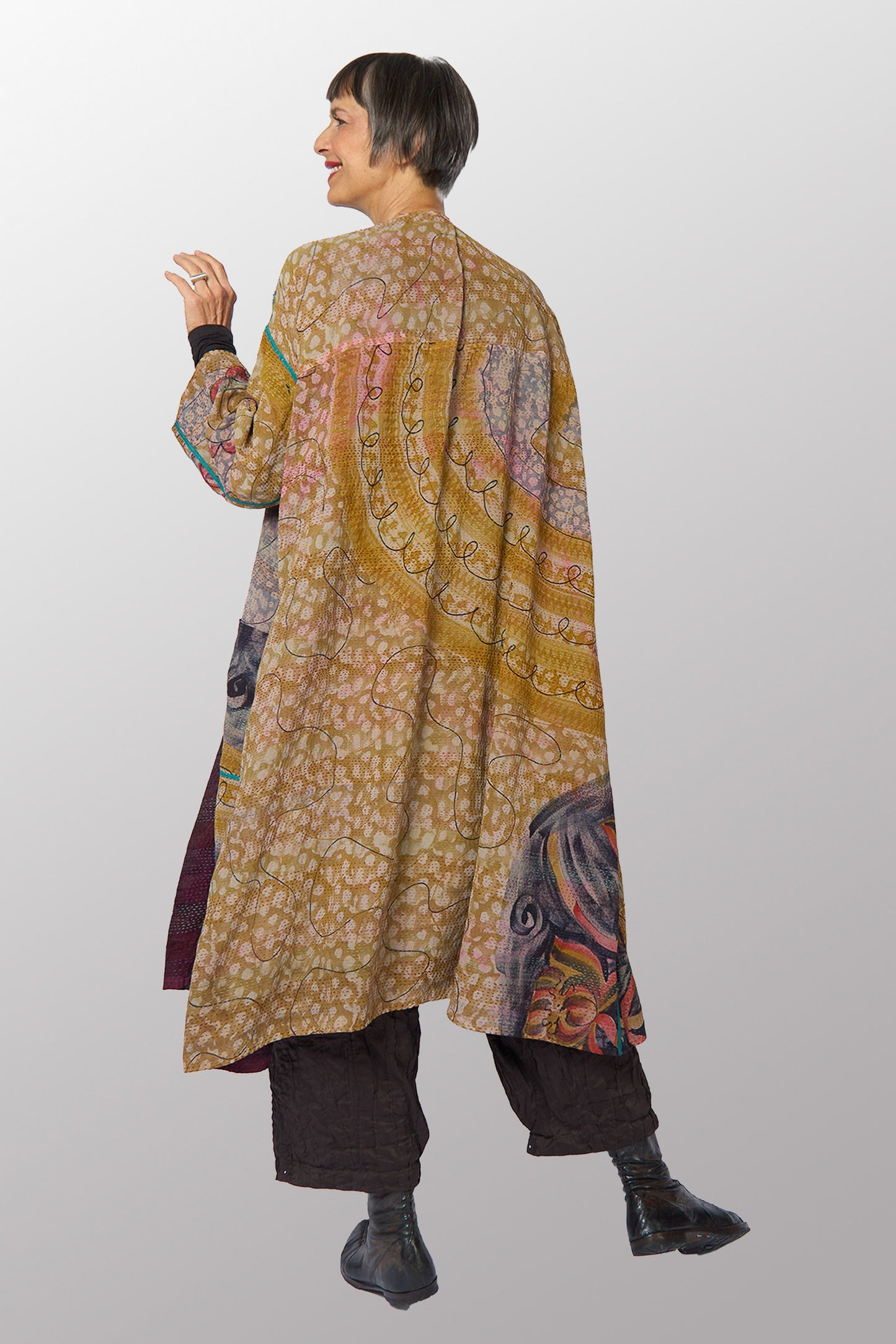 GEORGETTE JACQUARD VINTAGE SILK PATCH KANTHA LONG DUSTER - gj2328-0001a -