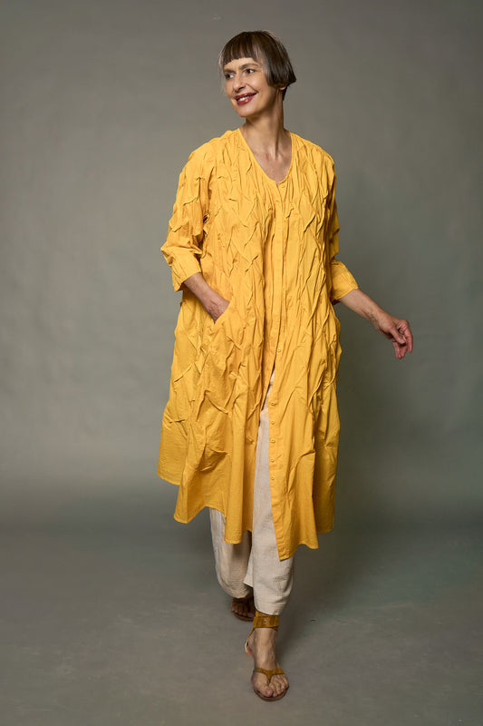 POLISHED COTTON WAVY TUCK A-LINE DRESS - wl1453-ylw -