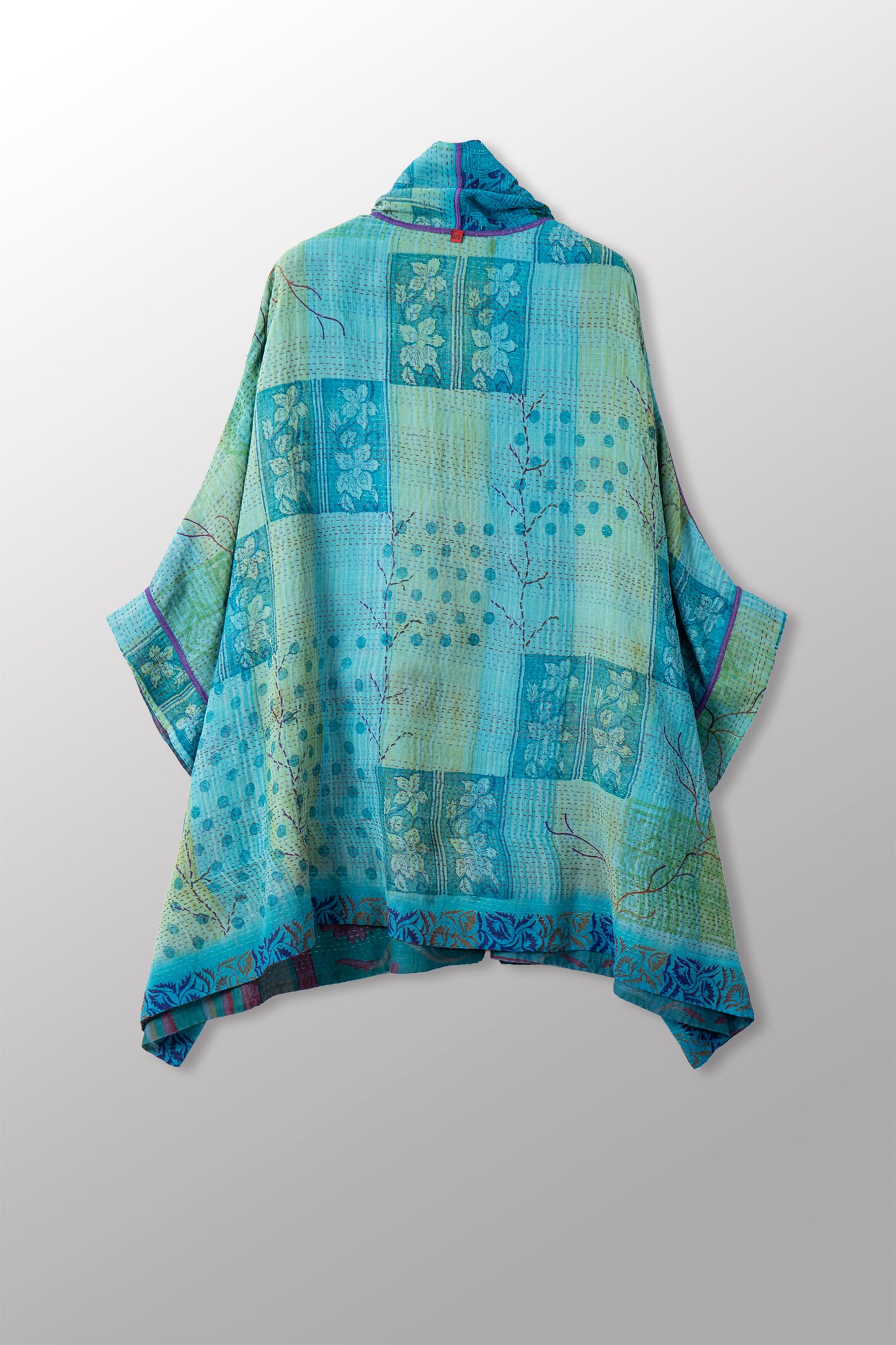 VINTAGE SILK GEORGETTE COTTON KANTHA DOUBLE COLLAR PONCHO - gc2323-0002a -