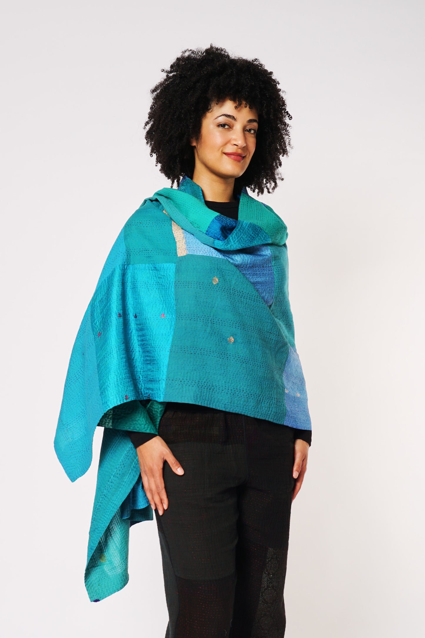 COTTON SILK SW PATCH KANTHA SHAWL LARGE - ws2803-tuq -
