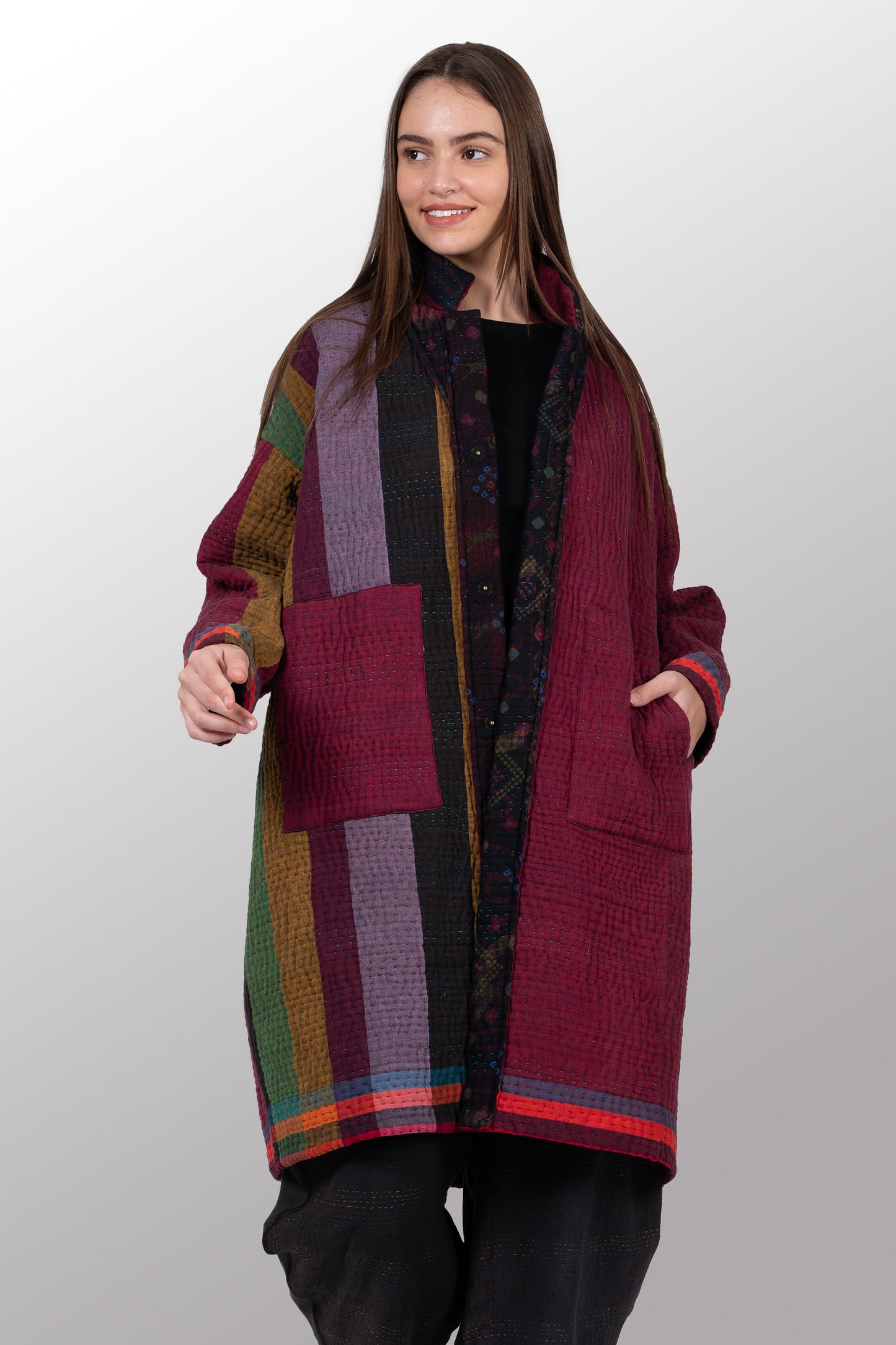 QUILTED OVERDYE COTTON KANTHA OVERSIZED MEDIUM COAT - oq5331-cred002a -