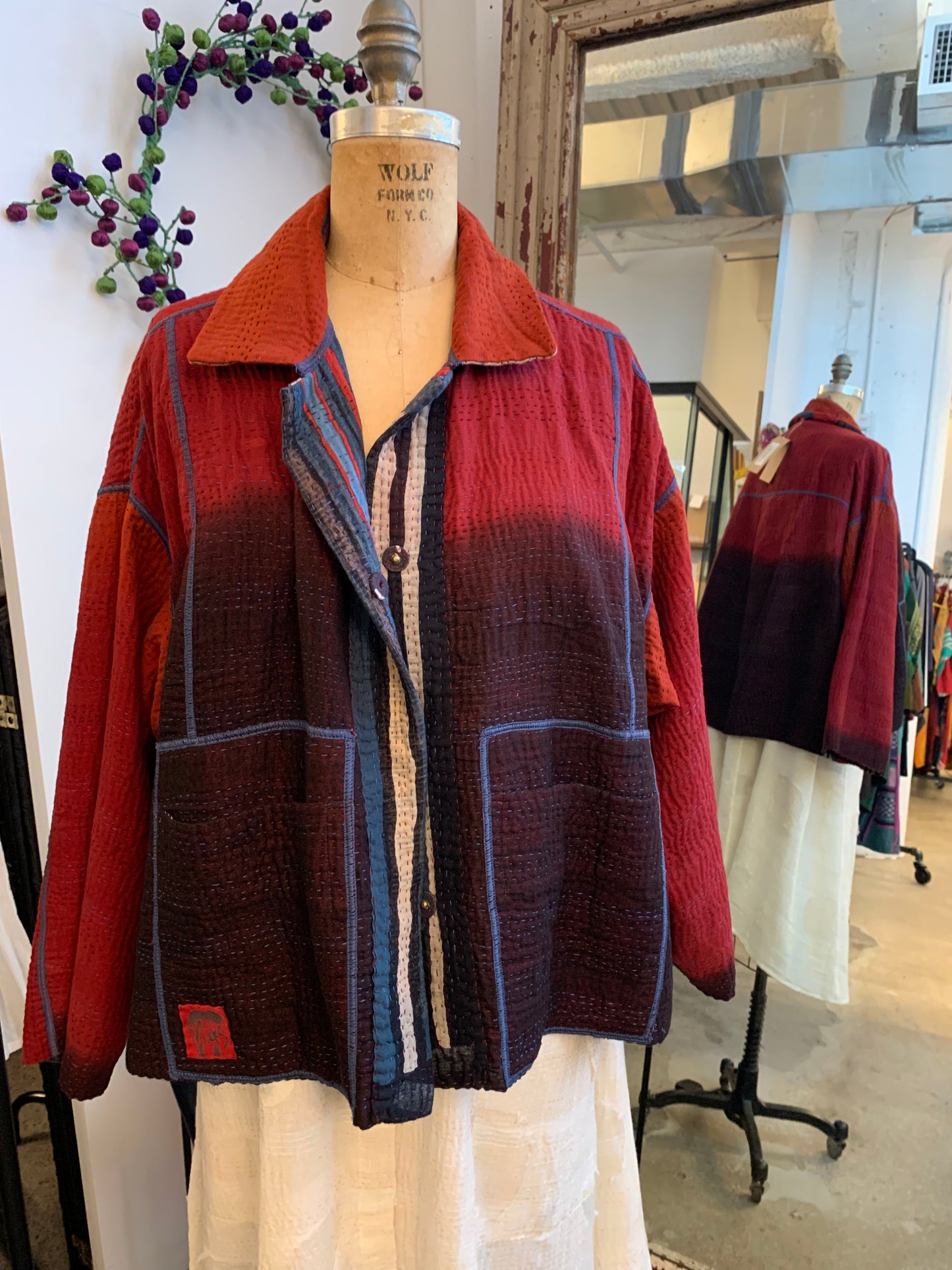 STRIPE AND BENDS KANTHA CROPPED SHIRT JACKET - sb4075-red -