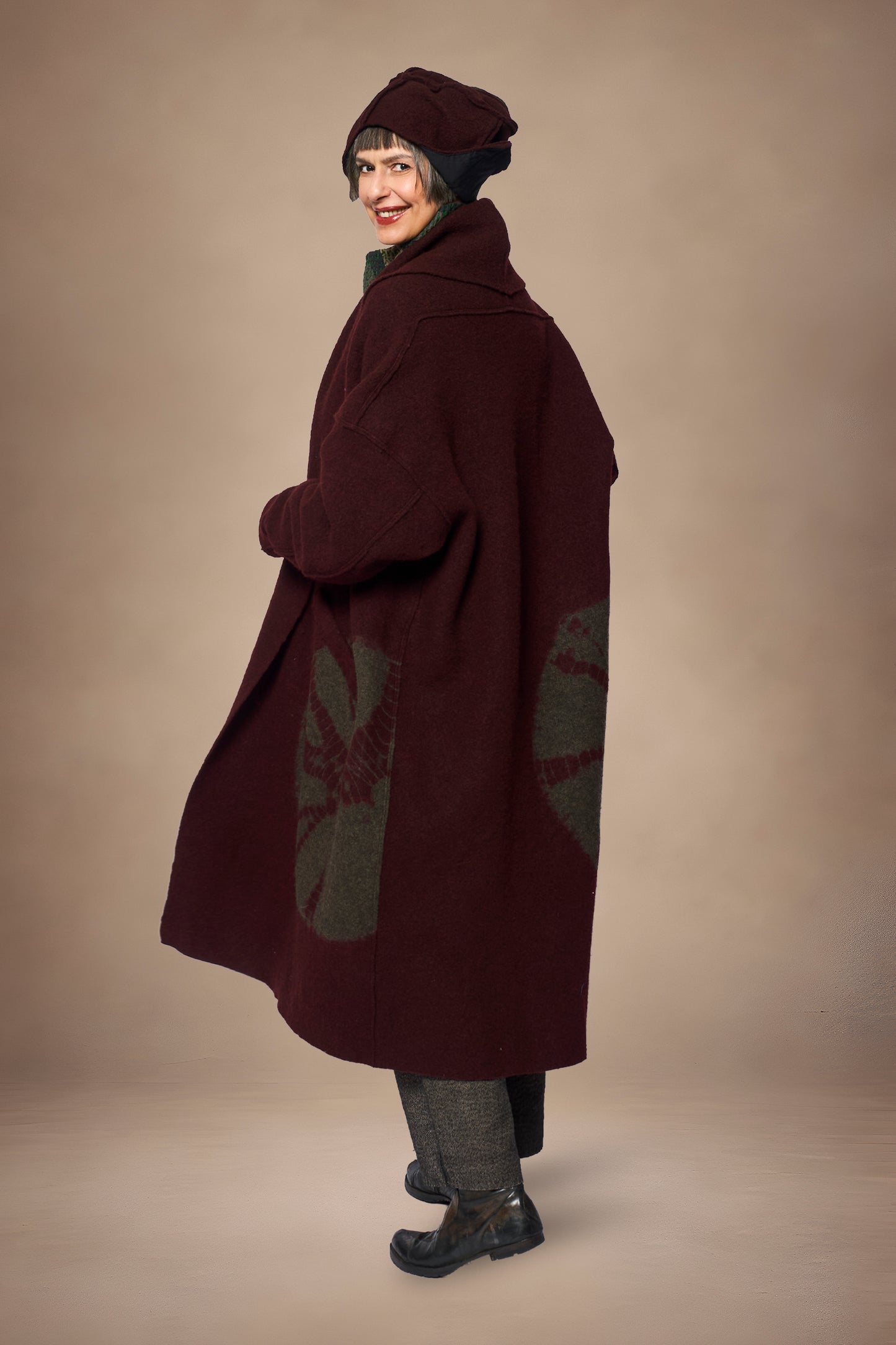 CIRCLE TIE DYE BOILED WOOL NEW SHAWL COAT LONG - tw1362-brn -