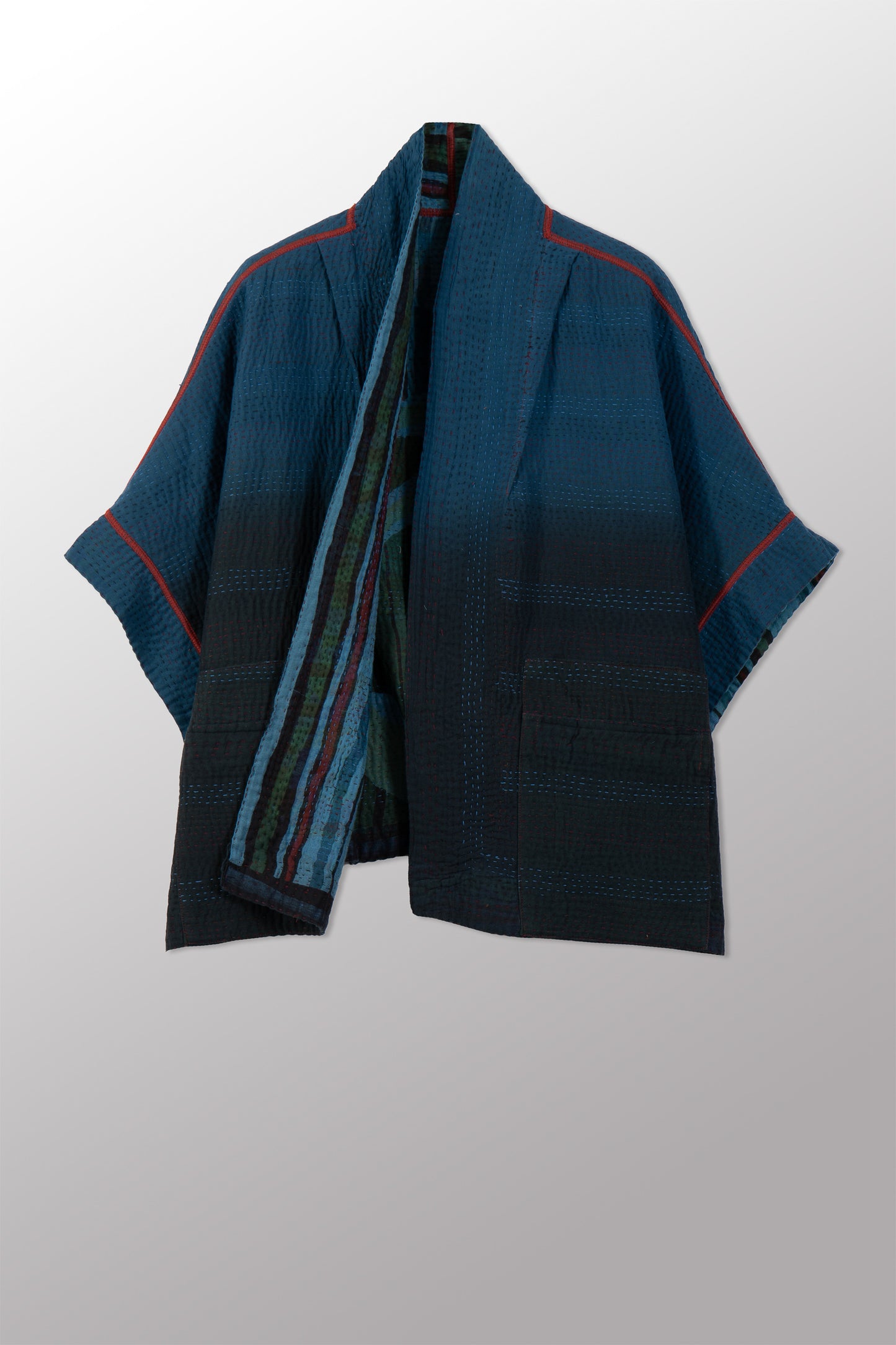 OVERDYED STRIPE AND BENDS KANTHA MINI PONCHO - sb4060-blu -