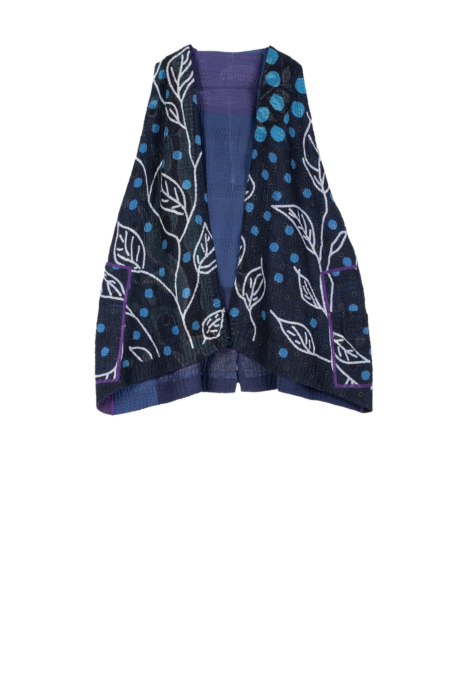 POLKA DOTS & LEAVES KANTHA BACK PLEATED VEST SHORT - dl4223-blu -