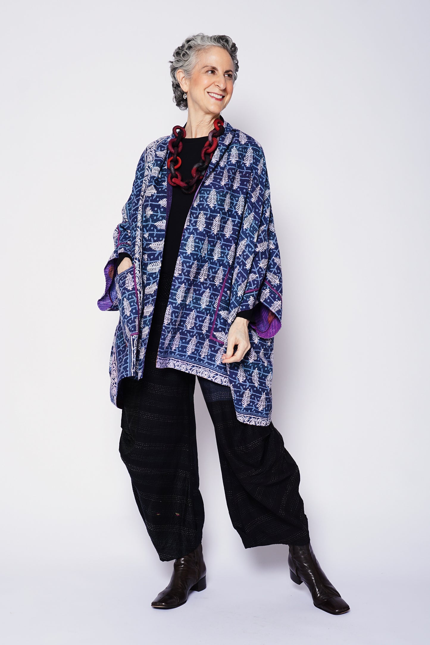 VINTAGE SILK GEORGETTE COTTON KANTHA DOUBLE COLLAR PONCHO - gc2323-0004a -
