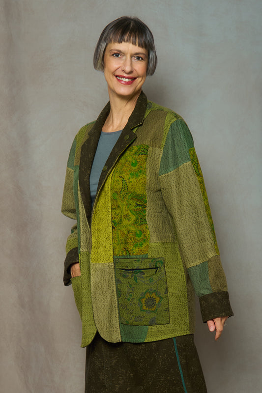 DUCK SUN DYE WITH PATCH KANTHA SIMPLE MEN'S JACKET - us2072-grn -