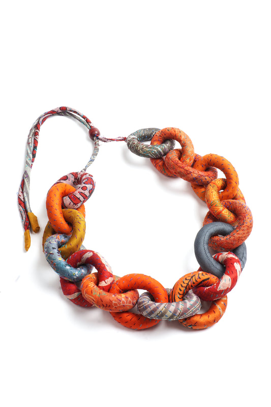 VINTAGE SILK KANTHA CHAIN NECKLACE - sv2724-org -