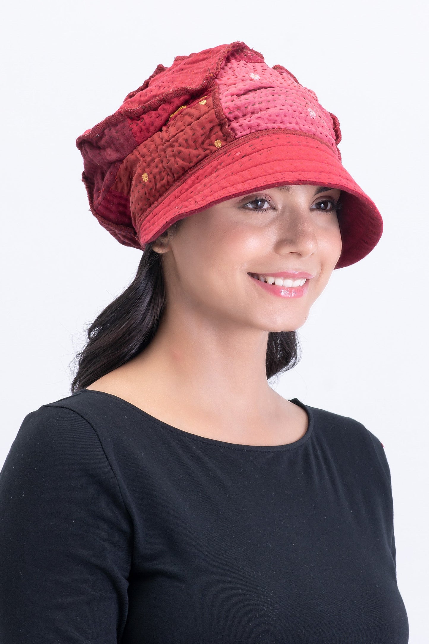 STRIPE AND CHECK COTTON SILK PATCH KANTHA HALF BRIM HAT - ss4881-red -