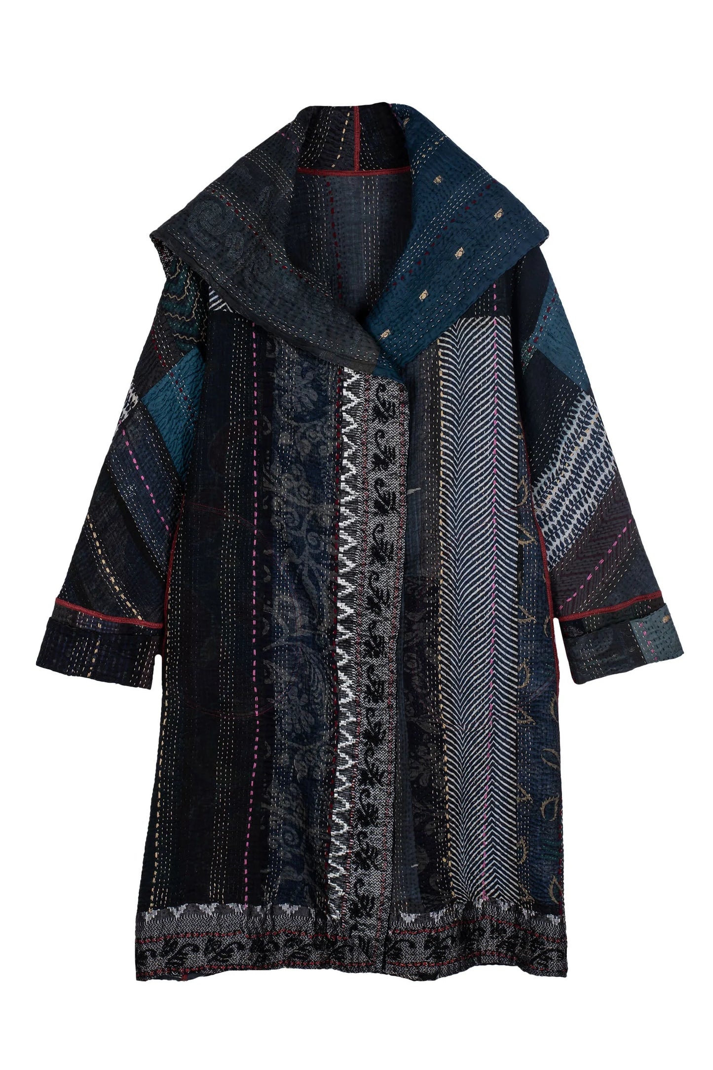 STRIPE RALLIS KANTHA A-LINE COAT - pr4309-blk -