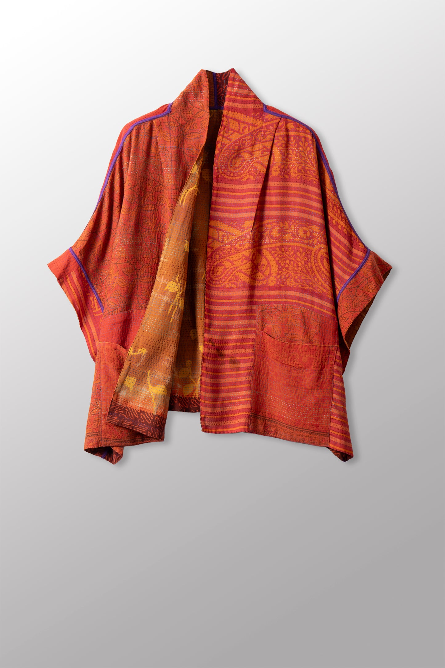 VINTAGE SILK GEORGETTE COTTON KANTHA MINI PONCHO - gc2060-0005a -