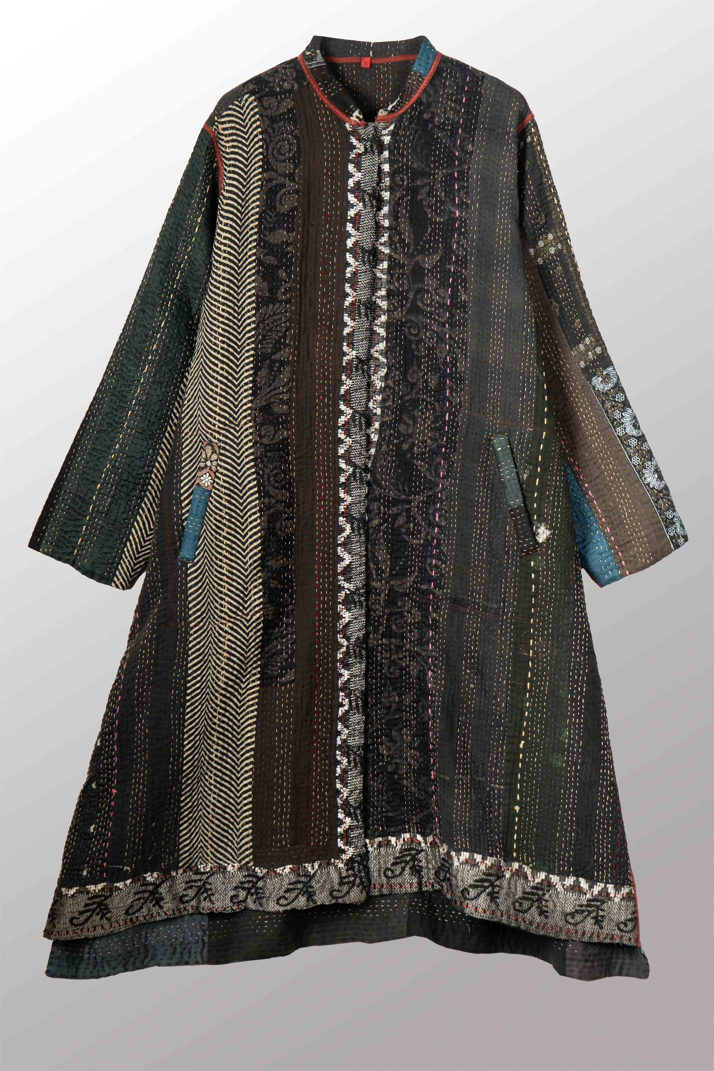 STRIPE RALLIS KANTHA KAFTAN COAT - pr4343-blk -