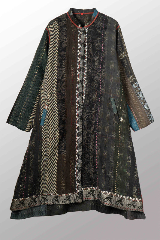 STRIPE RALLIS KANTHA KAFTAN COAT - pr4343-blk -