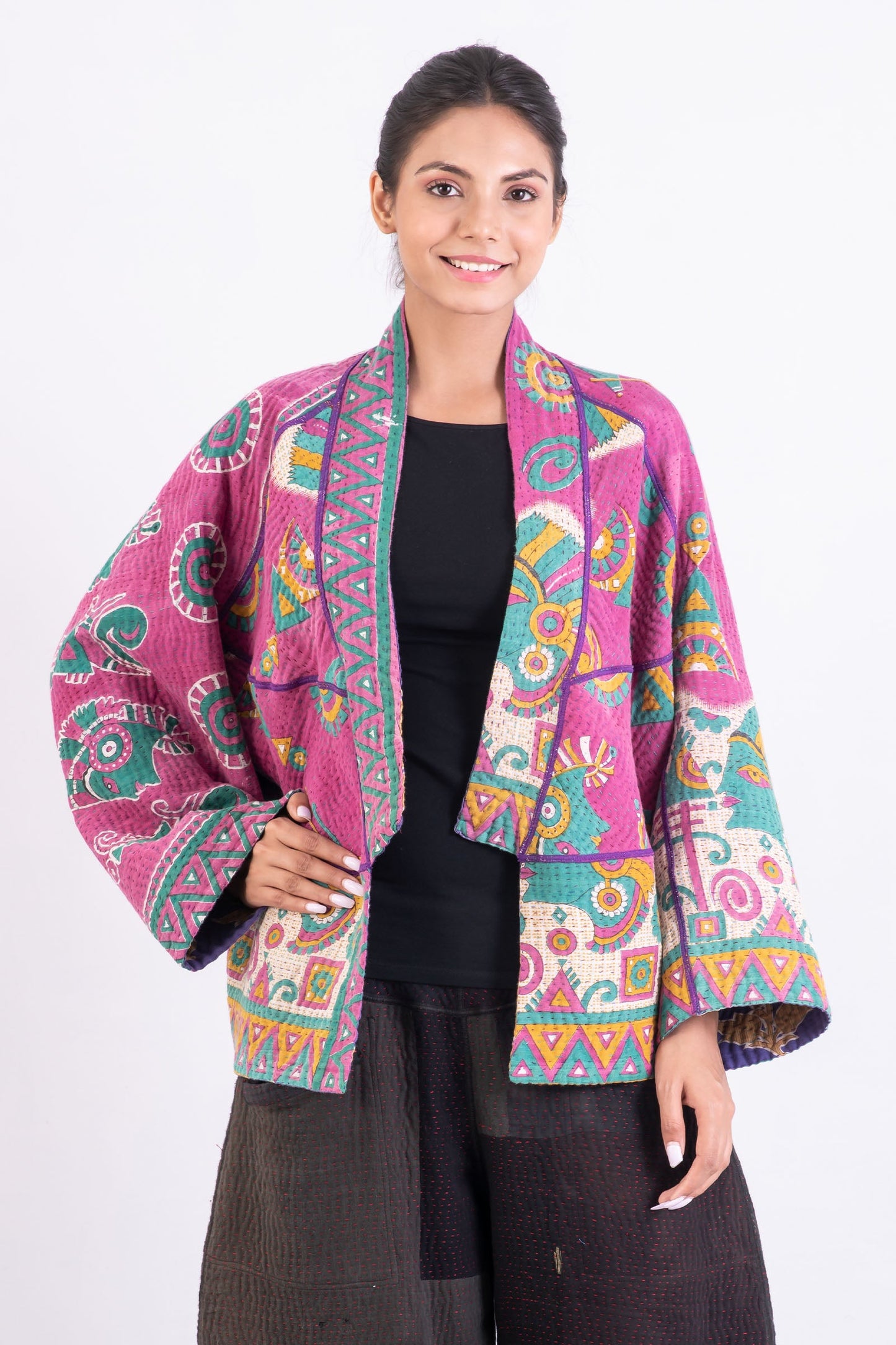 VINTAGE COTTON KANTHA DOLMAN SHORT JKT - cv4015-0024l -