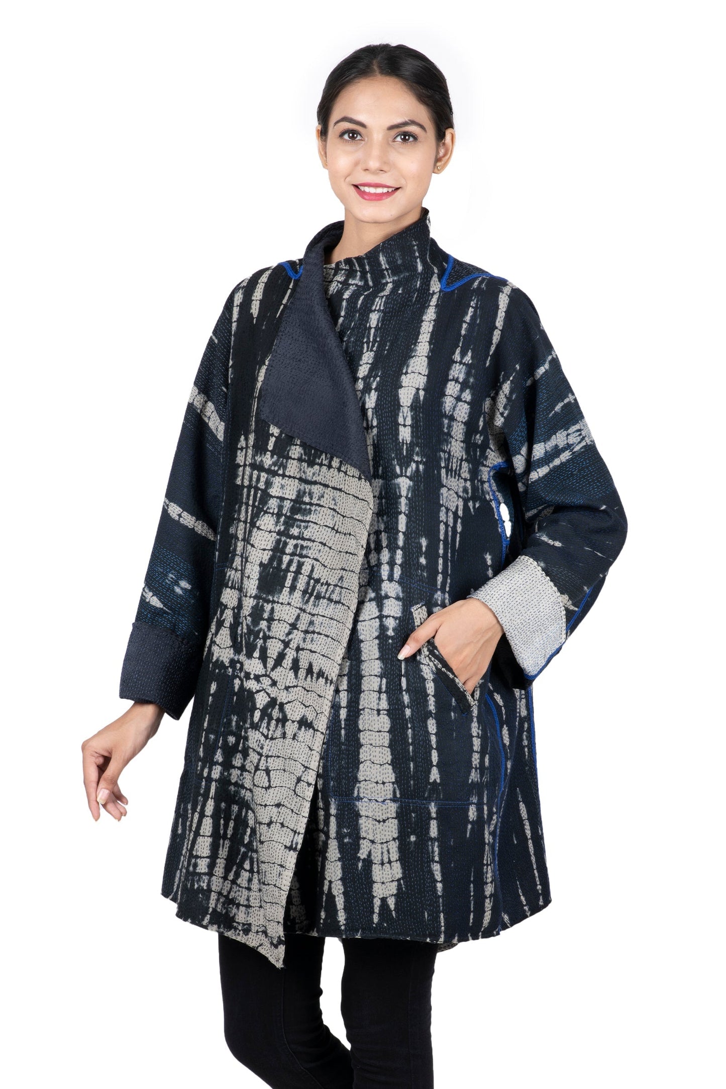 SERPENT PRINT KANTHA FUNNEL COLLAR COAT - sp2312-blk -