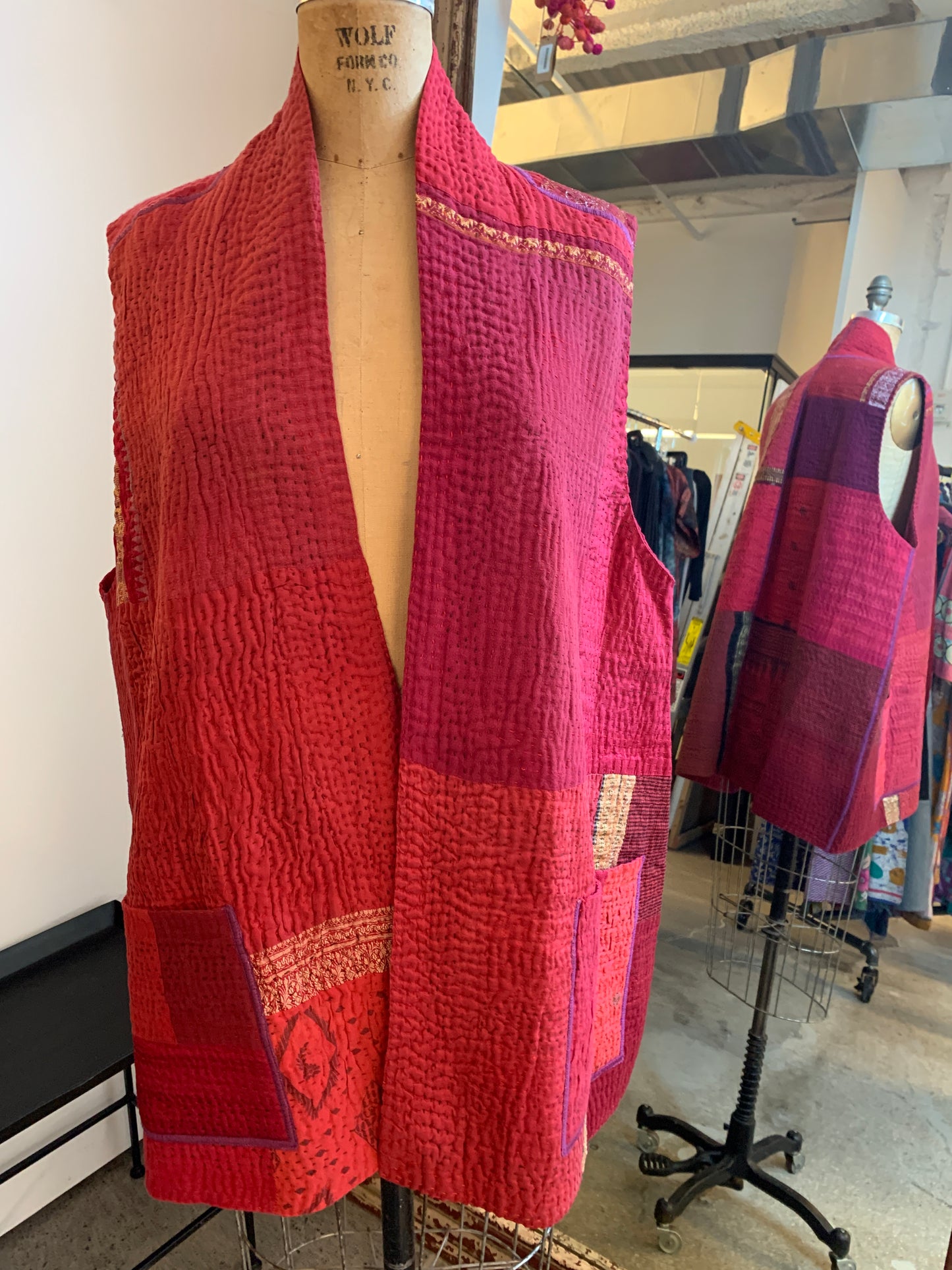 COTTON SILK SW PATCH KANTHA KIMONO VEST SHORT - ws4248-red -