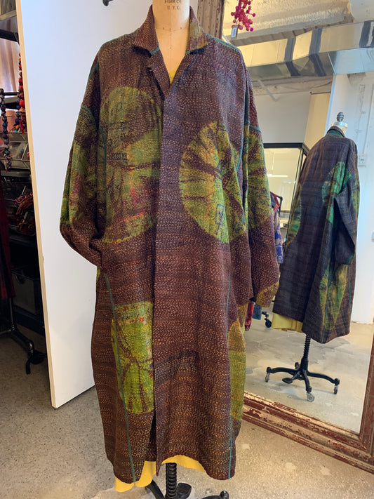 JACQUARD SILK PATCH TIE DYE CIRCLE SHIBORI KANTHA NEW OVERSIZED COAT - wj2342-grn -