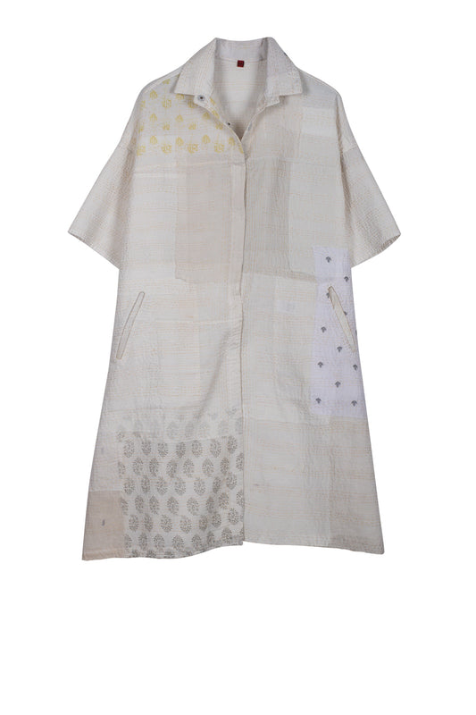 FRAYED PATCH KANTHA HALF SLV. SHIRT DRESS - fi2429-ivy -