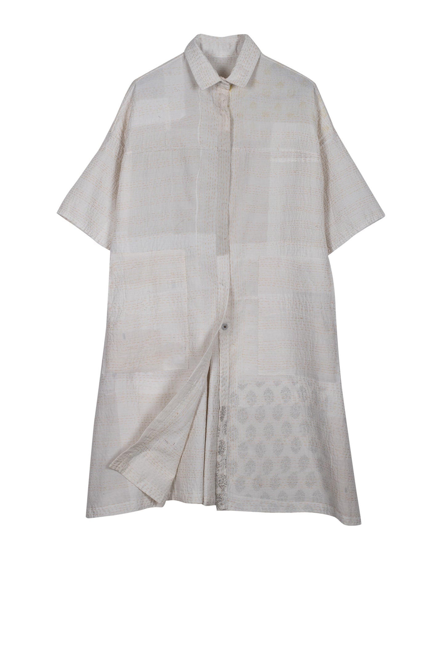 FRAYED PATCH KANTHA HALF SLV. SHIRT DRESS - fi2429-ivy -