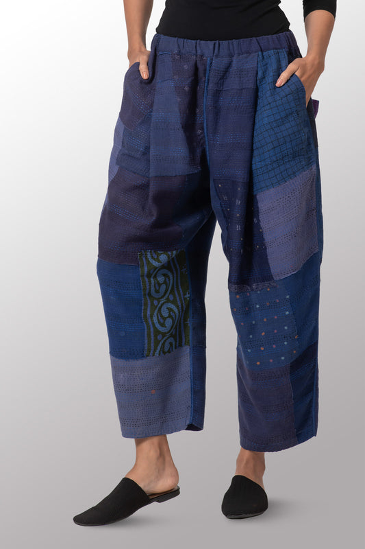 FRAYED PATCH KANTHA BAGGY PANTS - fi2642-nvy -