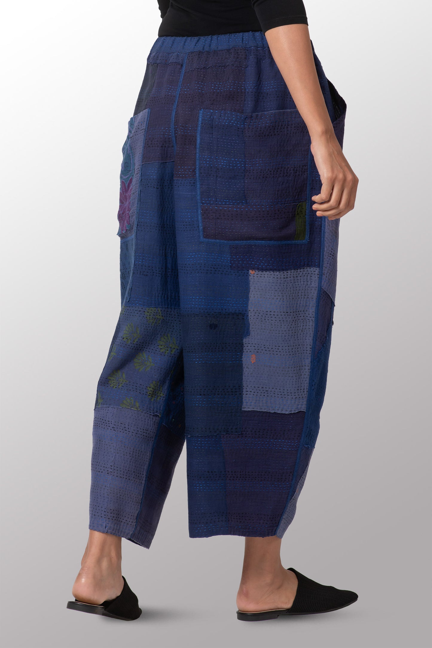 FRAYED PATCH KANTHA BAGGY PANTS - fi2642-nvy -