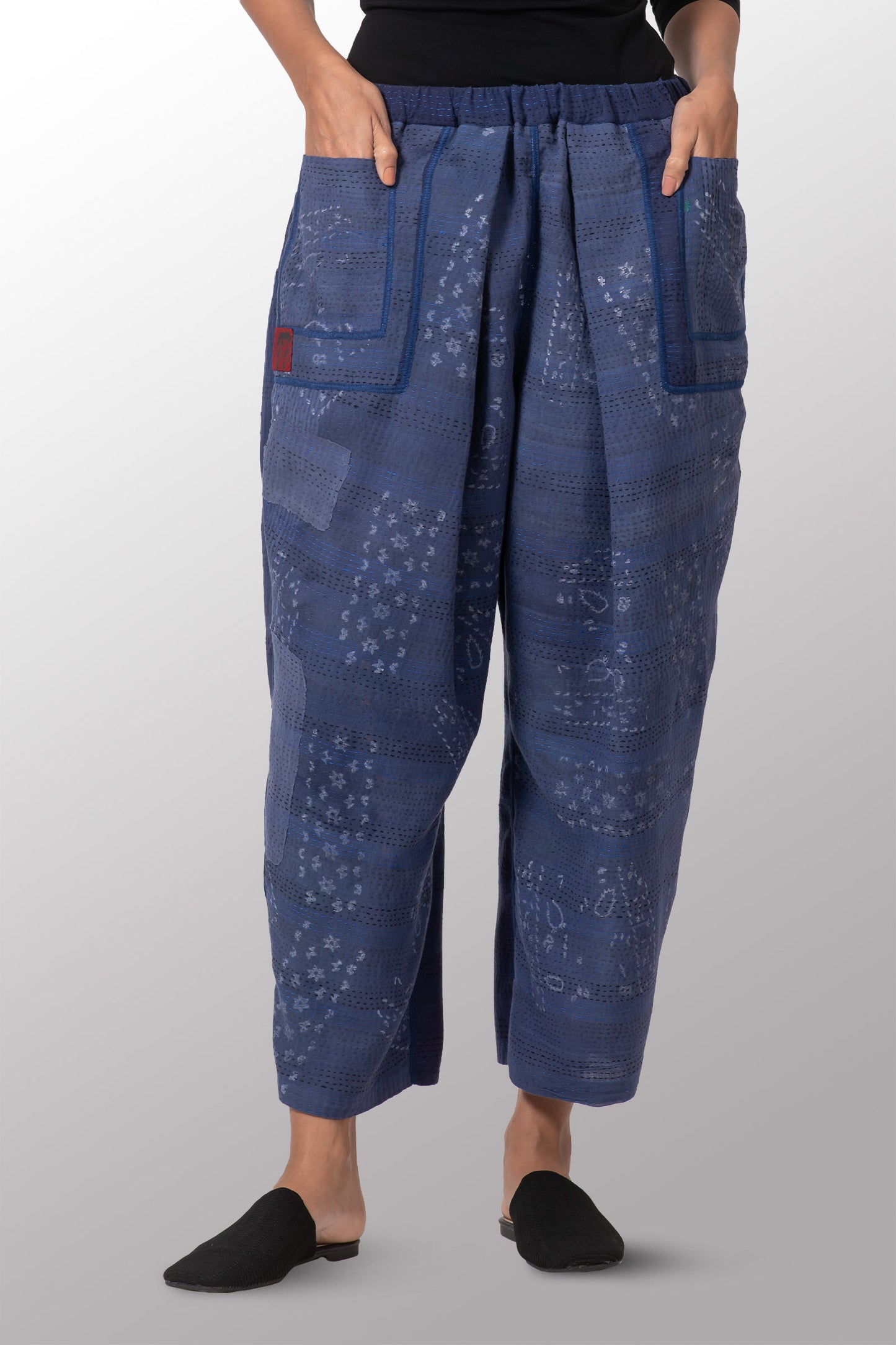 FRAYED PATCH KANTHA BAGGY PANTS - fi2642-nvy -