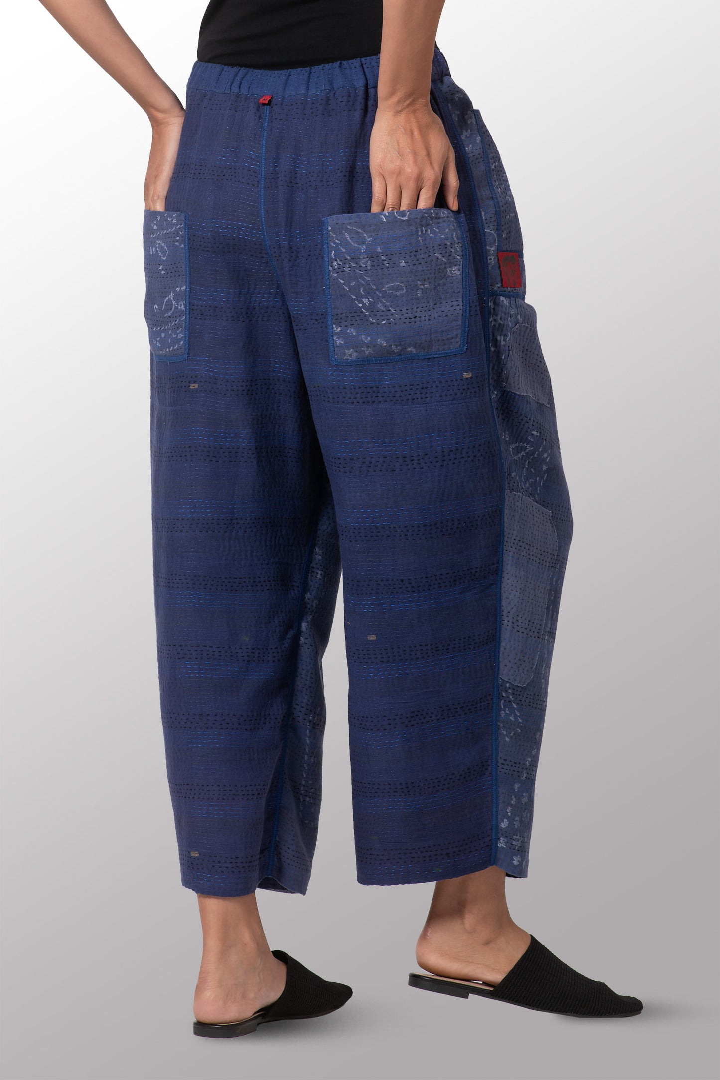 FRAYED PATCH KANTHA BAGGY PANTS - fi2642-nvy -