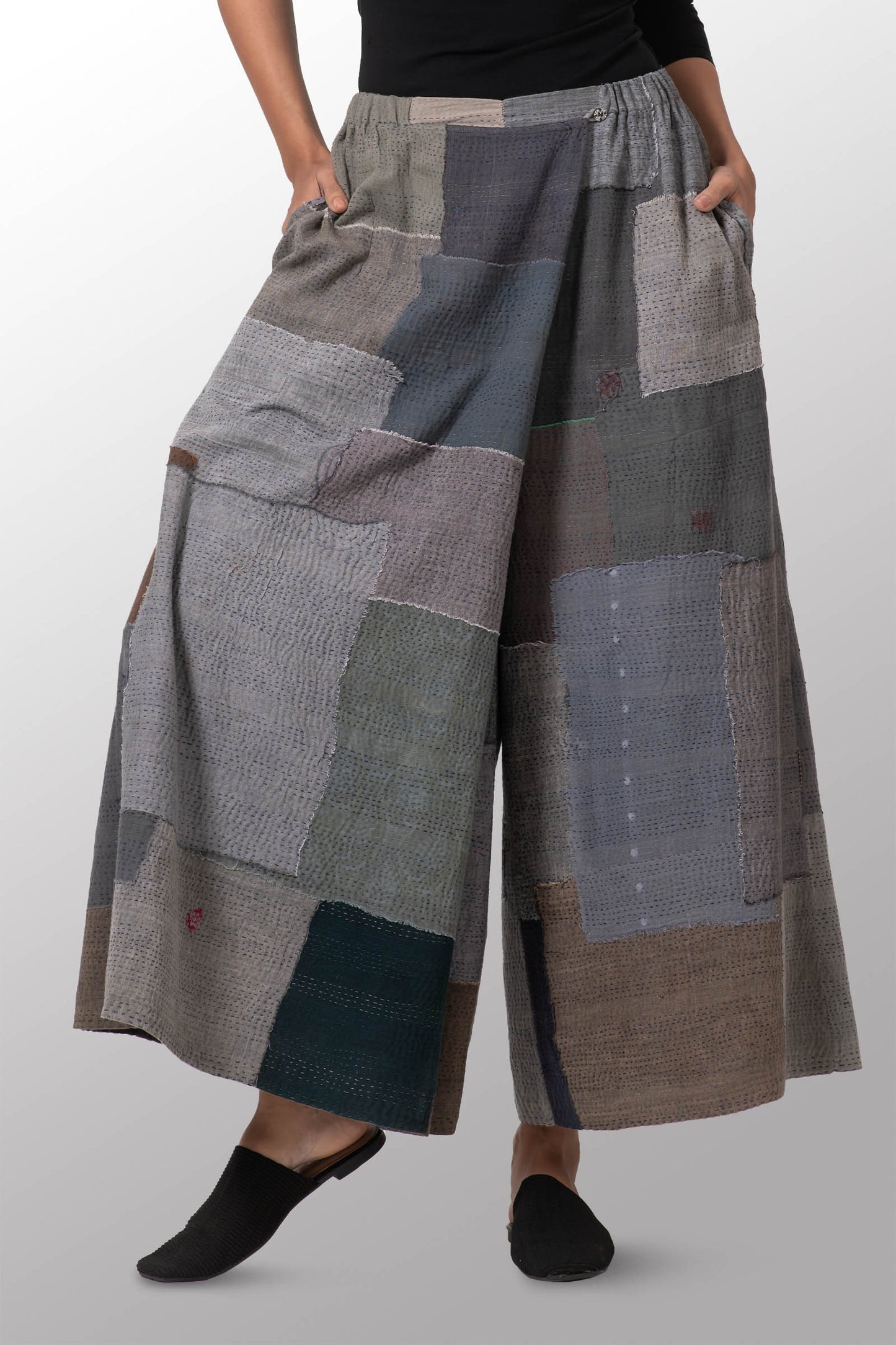 FRAYED PATCH KANTHA WRAP WIDE PANTS - fi2649-ntl -