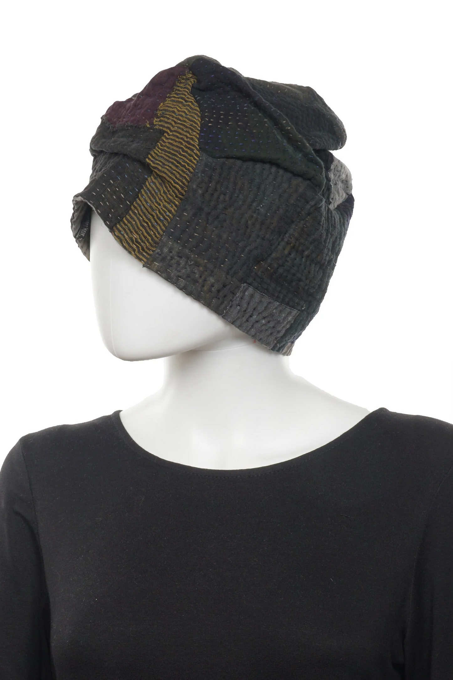 FRAYED PATCH KANTHA PATCHWORK HAT - fi4880-blk -