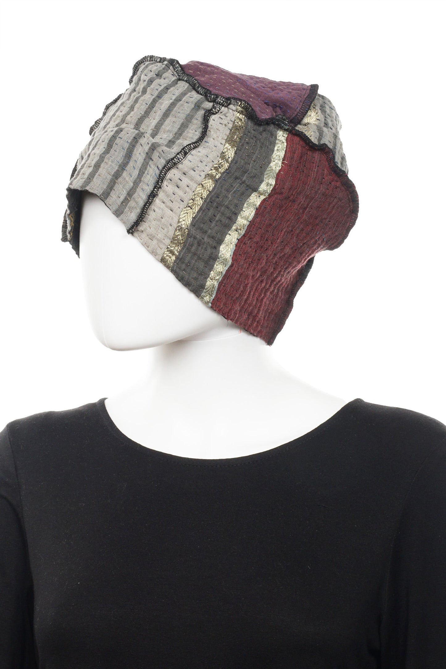 FRAYED PATCH KANTHA PATCHWORK HAT - fi4880-blk -