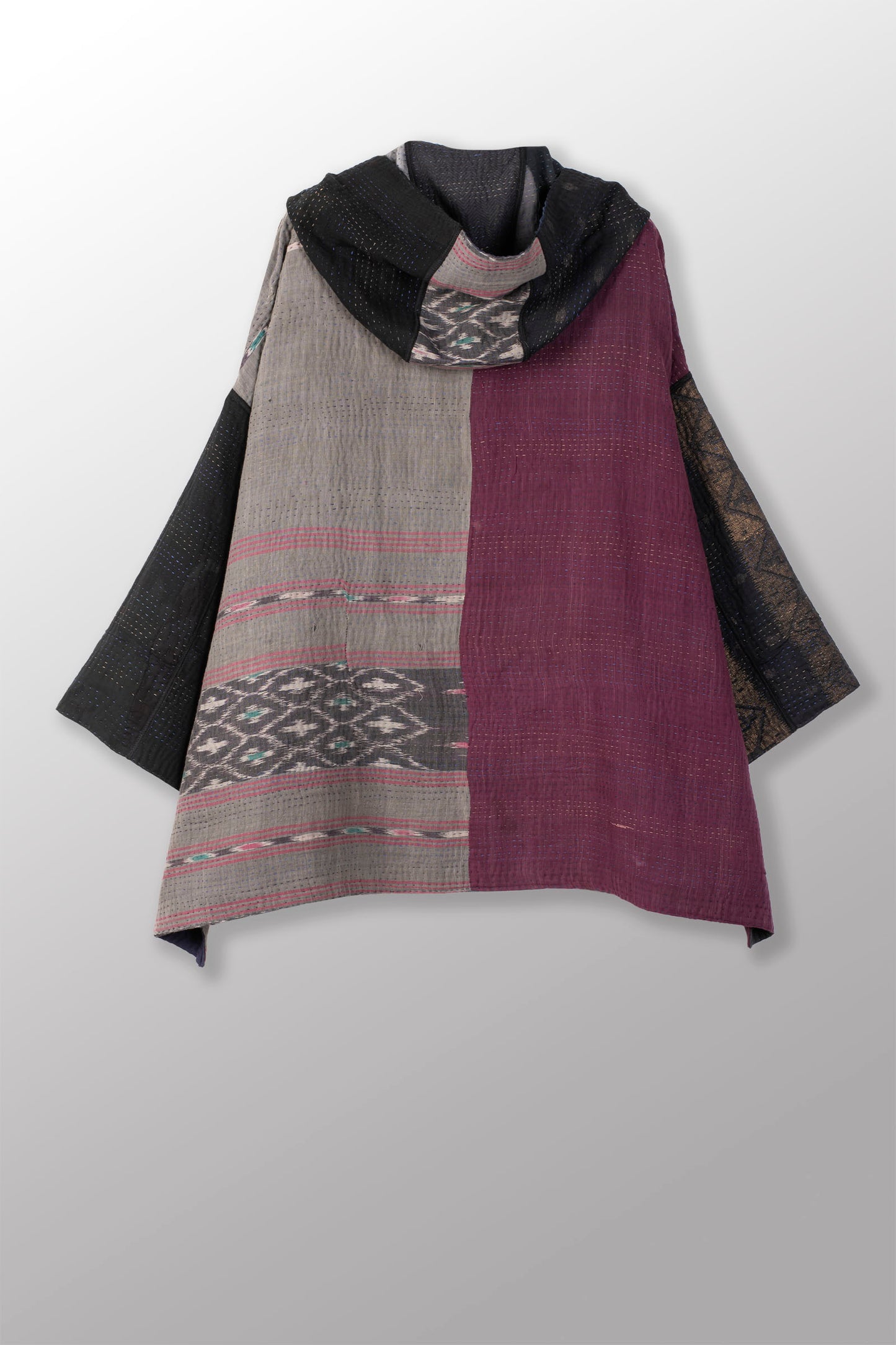 FRAYED PATCH MIX KANTHA HOODIE PONCHO - fm4064-blk -