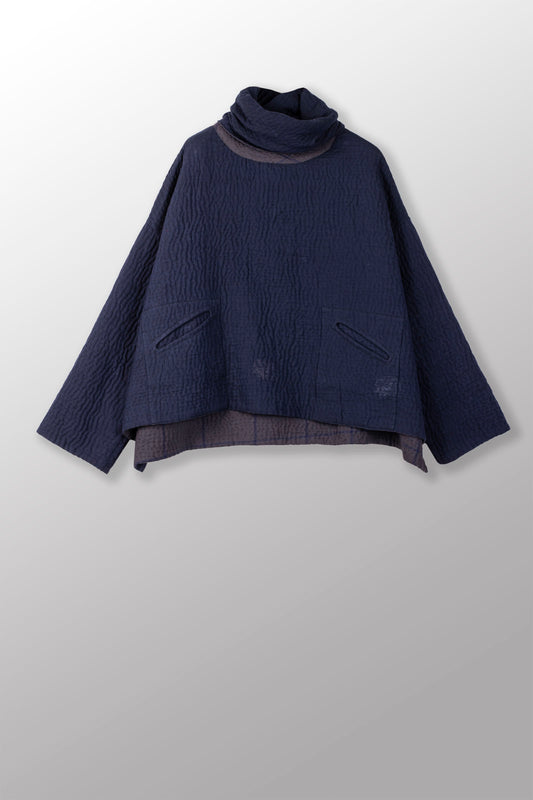 QUILTED VINTAGE COTTON WITH FLANNEL KANTHA NEW COWL NECK PONCHO - fq5083-blu -