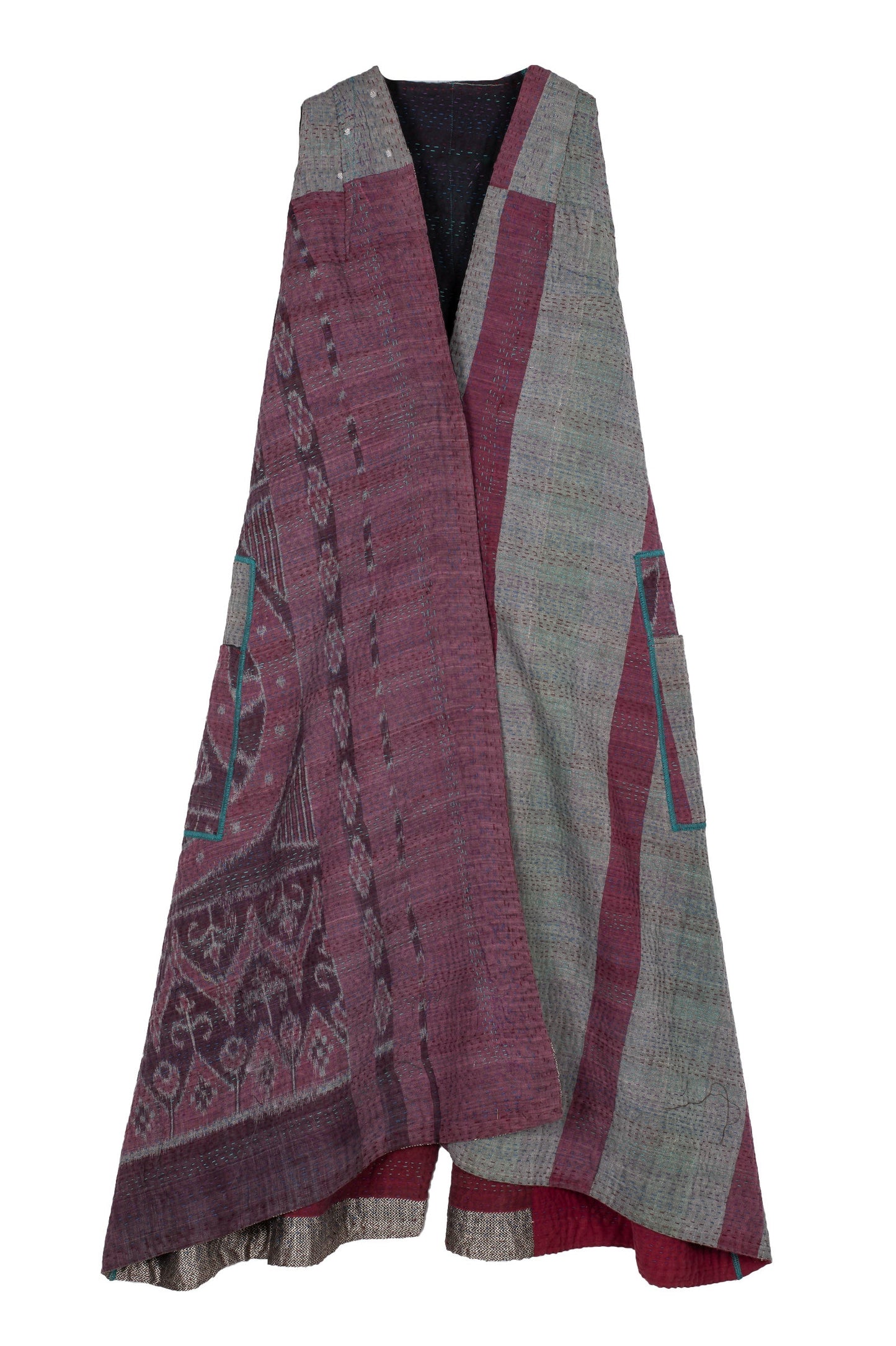 WOVEN VINTAGE COTTON KANTHA BACK PLEATED VEST MAXI - fw4222-5001a -