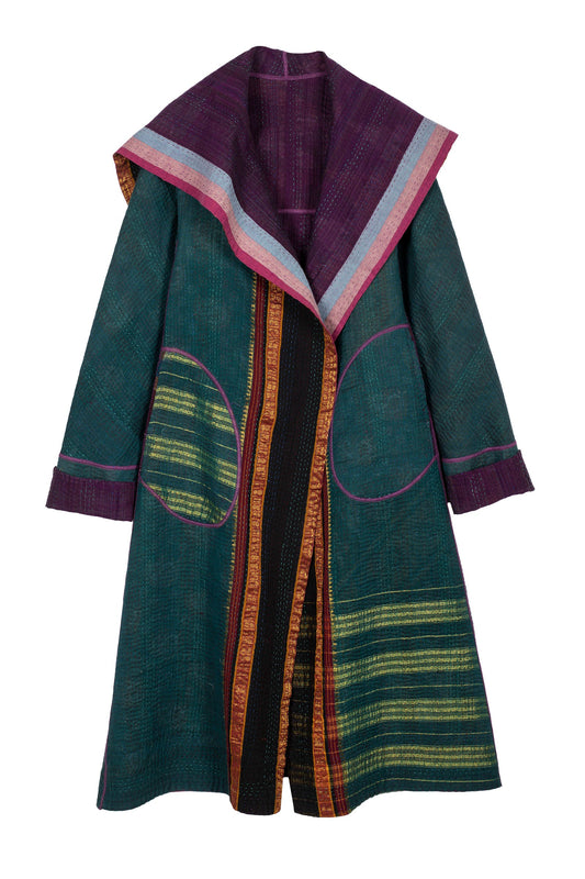 WOVEN VINTAGE COTTON KANTHA A-LINE LONG COAT - fw4302-5001a -