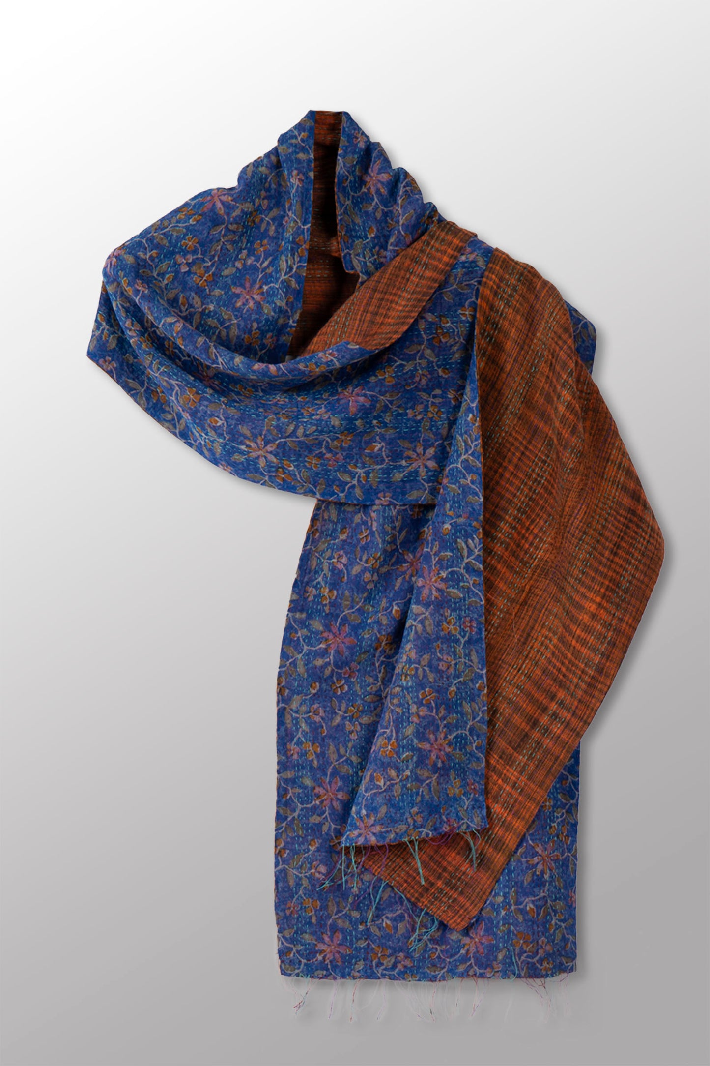 VINTAGE SILK GEORGETTE COTTON KANTHA SCARF SHORT - gc2805-blu -