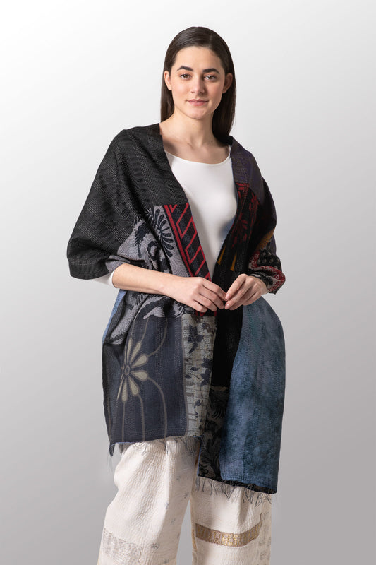 GEORGETTE JACQUARD VINTAGE SILK PATCH KANTHA SCARF STANDARD - gj2801-blk -