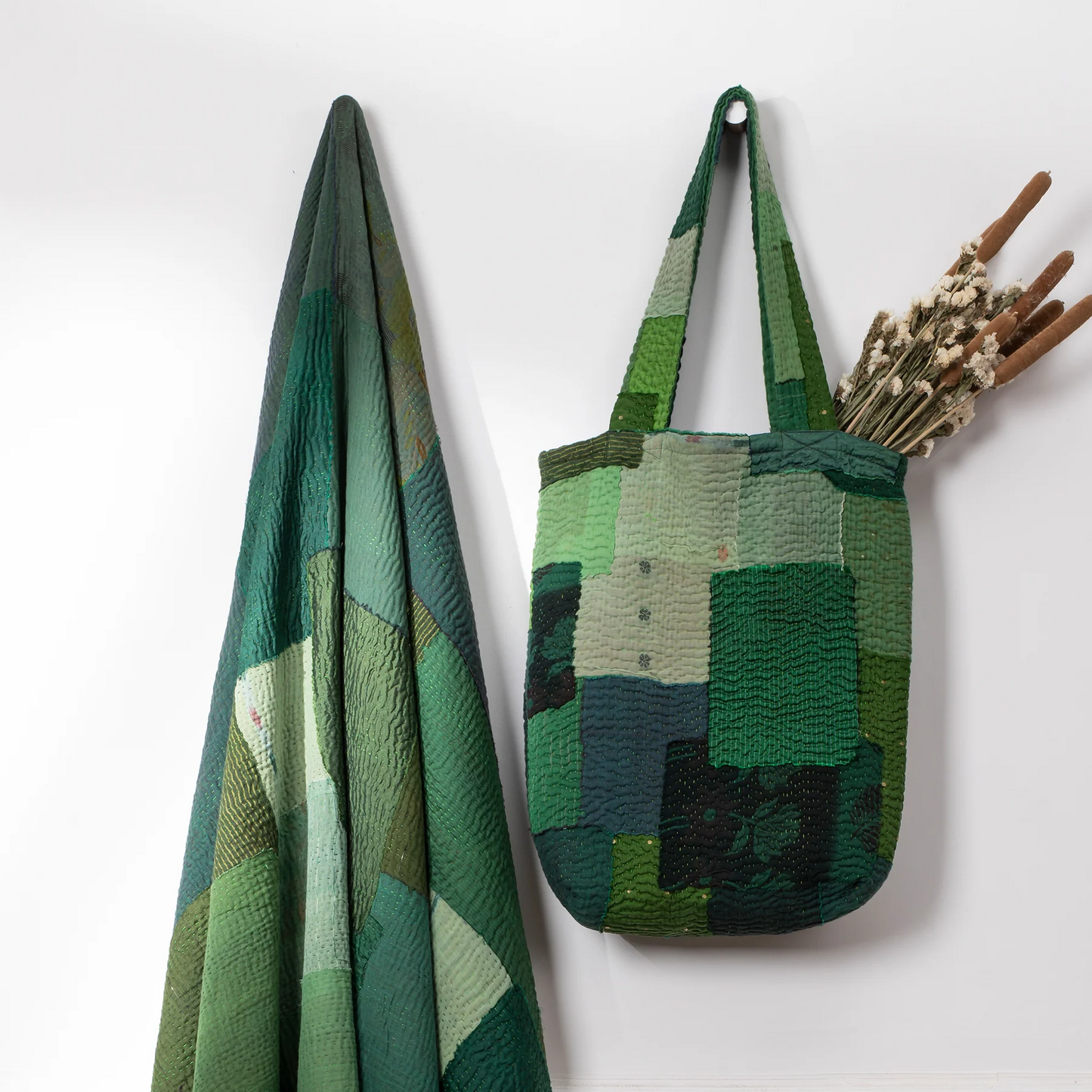 Landscape Handmade Vintage Kantha Tote Bag -Green -