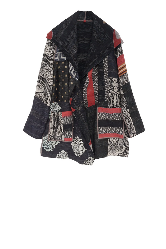 GEORGETTE VINTAGE SILK PATCH KANTHA POCKET JKT - gs2002-blk -