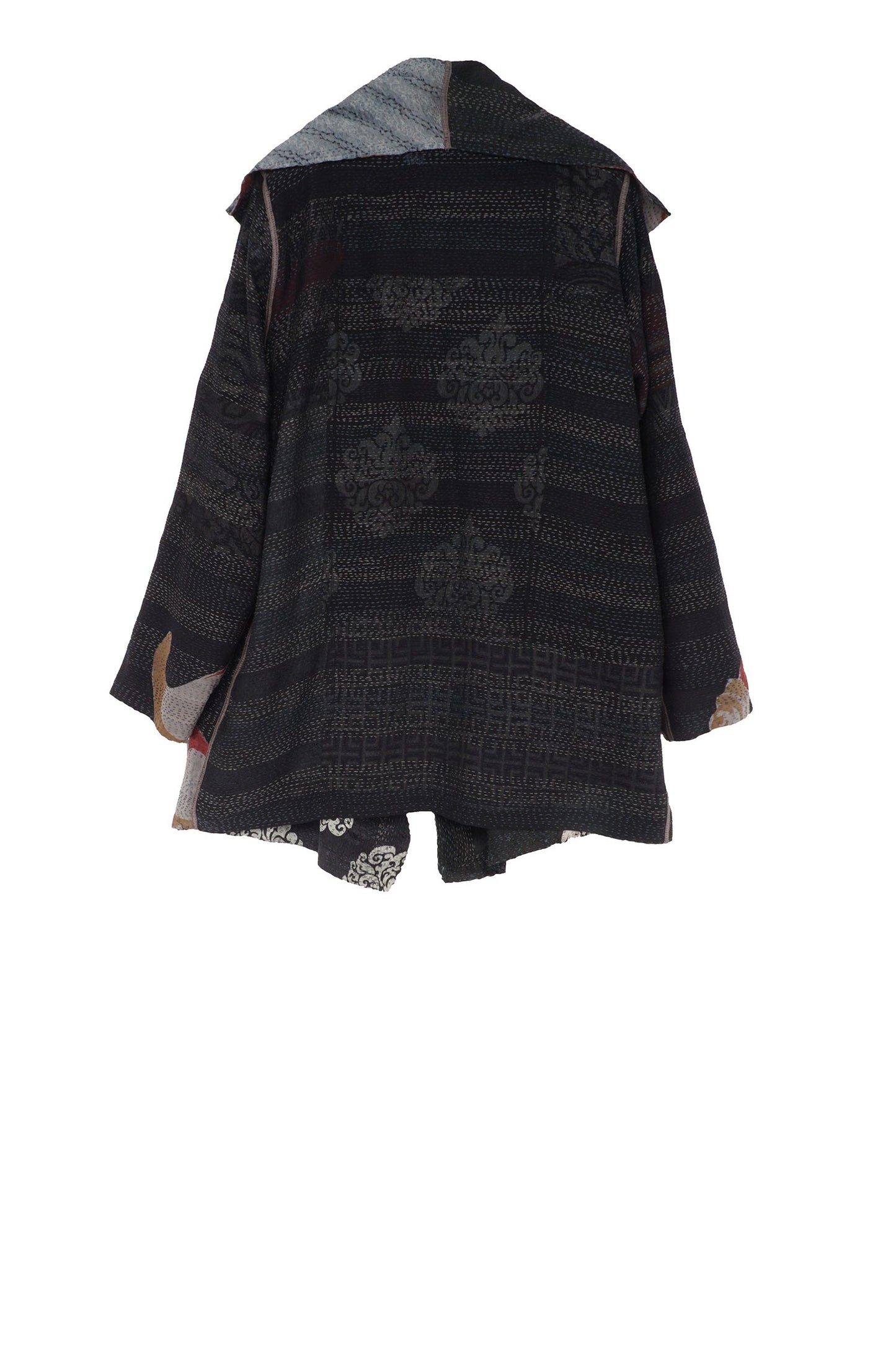 GEORGETTE VINTAGE SILK PATCH KANTHA POCKET JKT - gs2002-blk -